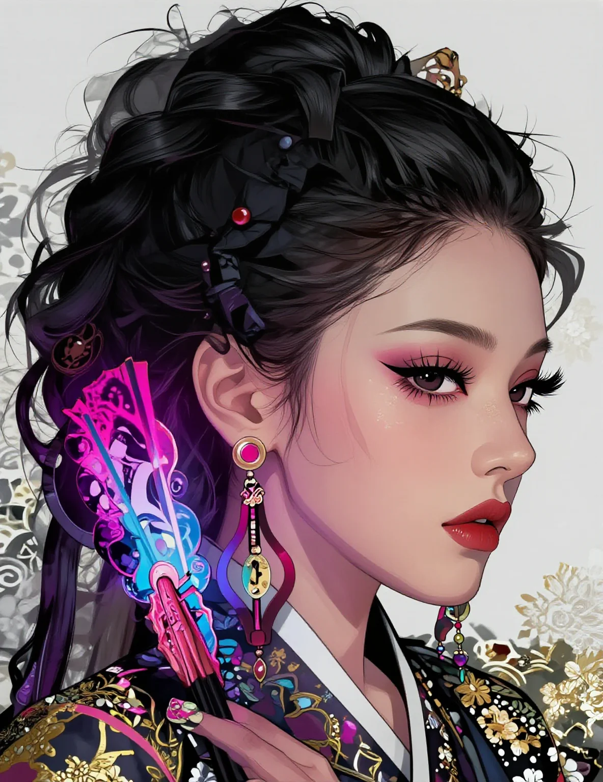 A minimalist digital illustration of a confident K-POP idol-inspired female character with long, flowing hair, wearing a modernized hanbok with intricate gold and white floral patterns, holding a traditional Korean folding fan glowing with vibrant neon pink and electric blue accents.