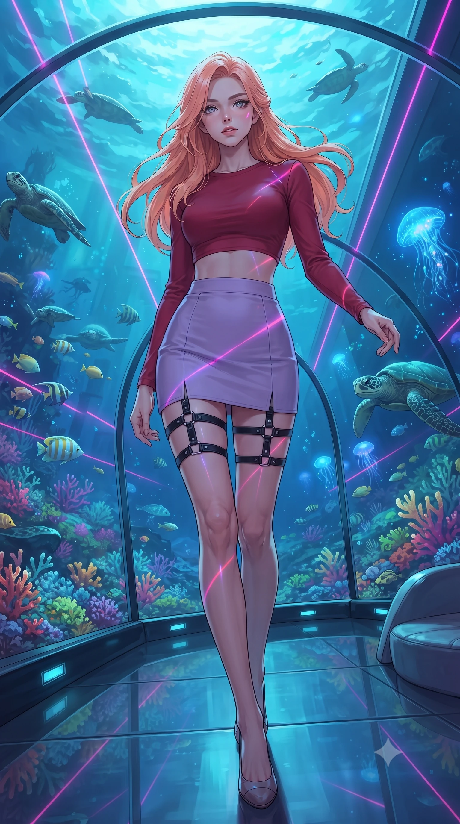 score_9, masterpiece, best quality, ultra-detailed, high-budget anime keyframe, editorial fashion photography, tasteful artistic composition, Japanese woman. low angle full-body shot from head to toe showing her feet, filling the entire 9:16 vertical frame with her statuesque presence, stretching her vertical silhouette. navigating with fluid motion through inside a transparent dome lounge resting on the ocean floor with colorful coral reef gardens surrounding it tropical fish and sea turtles gliding past the curved glass walls and bioluminescent creatures pulsing in the deep. She has a statuesque 8.5-heads proportion, an exceptionally tall, slender and willowy model-like build with impossibly long legs and a highly sculpted ultra-slim waist. sharp v-shaped jawline, high-bridge nose, intricate jewel-like eyes with depth, thick eyelashes, glossy lips with a natural sheen. wearing a matte crimson crop top paired with matching high-waist lavender mini skirt and black leather thigh straps. laser lines of violet and hot pink reflecting off surfaces casting geometric neon highlights. 2k, ultra detail, master piece, 9:16 ratio