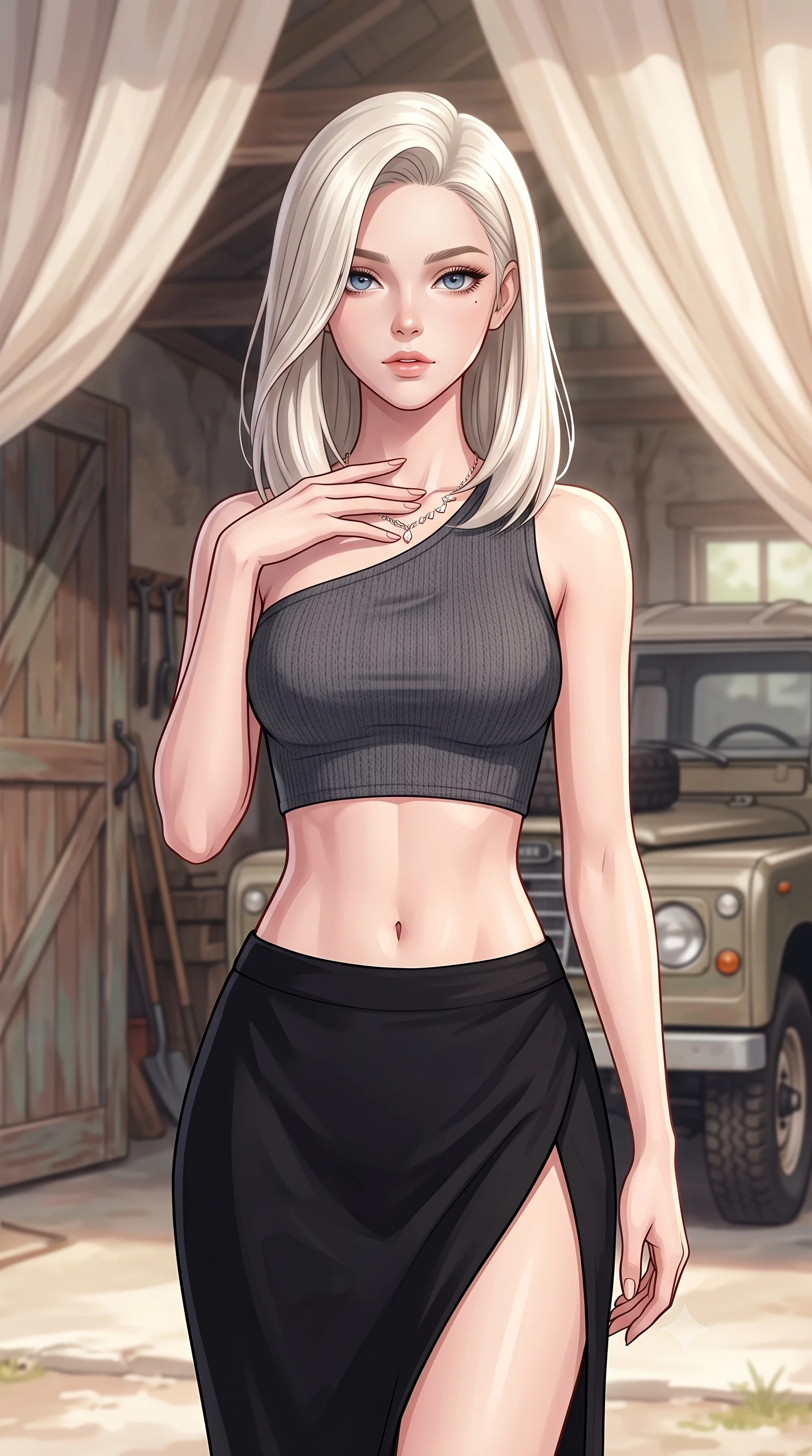 score_9, masterpiece, best quality, ultra-detailed, high-budget anime keyframe, tasteful artistic composition, Caucasian woman. close-up cowboy shot from the waist and thighs up, the character dominates the composition, filling the frame with her large presence, background elements kept in soft focus. standing with one hand resting on her collarbone, looking at the viewer with bedroom-eyes the background shows a soft-focus a cozy cottage garage with wooden doors and a parked classic utility vehicle. She has an exceptionally elegant, slender, and willowy female figure with an ultra-slim waist, a gracefully sculpted slender torso, and a refined silhouette. sharp v-shaped jawline, high-bridge nose, intricate jewel-like eyes with depth, thick eyelashes, glossy lips with a natural sheen. wearing a slim-fit asymmetric one-shoulder crop top in charcoal knit, paired with a high-slit skirt. soft afternoon daylight filtered through drapes, creating a serene, dreamy mood. highly saturated vibrant anime colors, cel-shading, 2d style, master piece, 9:16 ratio