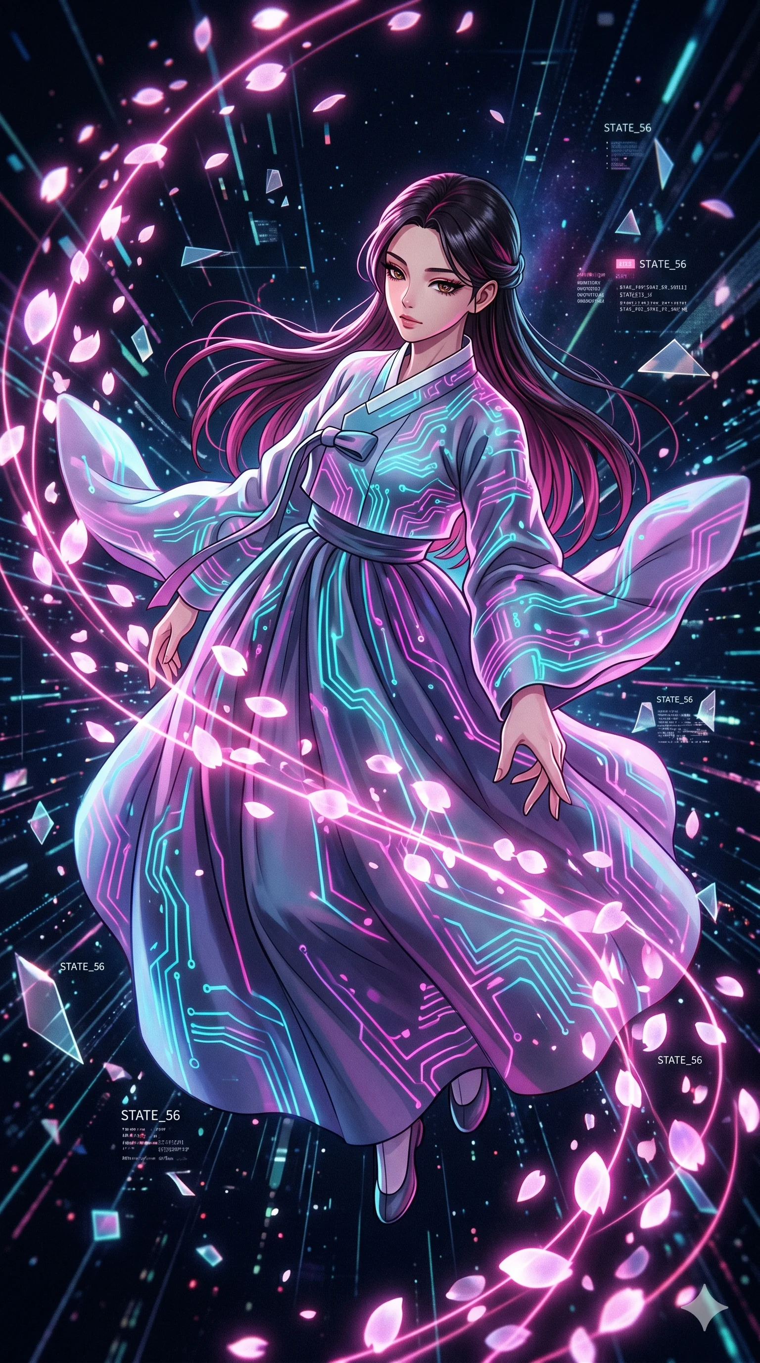 score_9, masterpiece, best quality, ultra-detailed, Set A: High-budget Anime Keyframe, Korean woman. Low angle cowboy shot filling the entire 9:16 frame with her statuesque presence. Floating through a virtual reality void, as gravity fails and everything around her floats in state 56 and surrounded by digital sakura petals. She has an absolutely perfect 8-heads proportion, an exceptionally tall and slender female figure with impossibly long slender legs and an ultra-slim waist. Sharp v-shaped jawline, high-bridge nose, intricate jewel-like eyes with depth, thick eyelashes, glossy lips with a natural sheen. Wearing Traditional silk robe with a modern tech-twist, featuring glowing circuit patterns. Cinematic lighting, vibrant colors, dramatic shadows, 2k, ultra detail, master piece, 9:16 ratio
