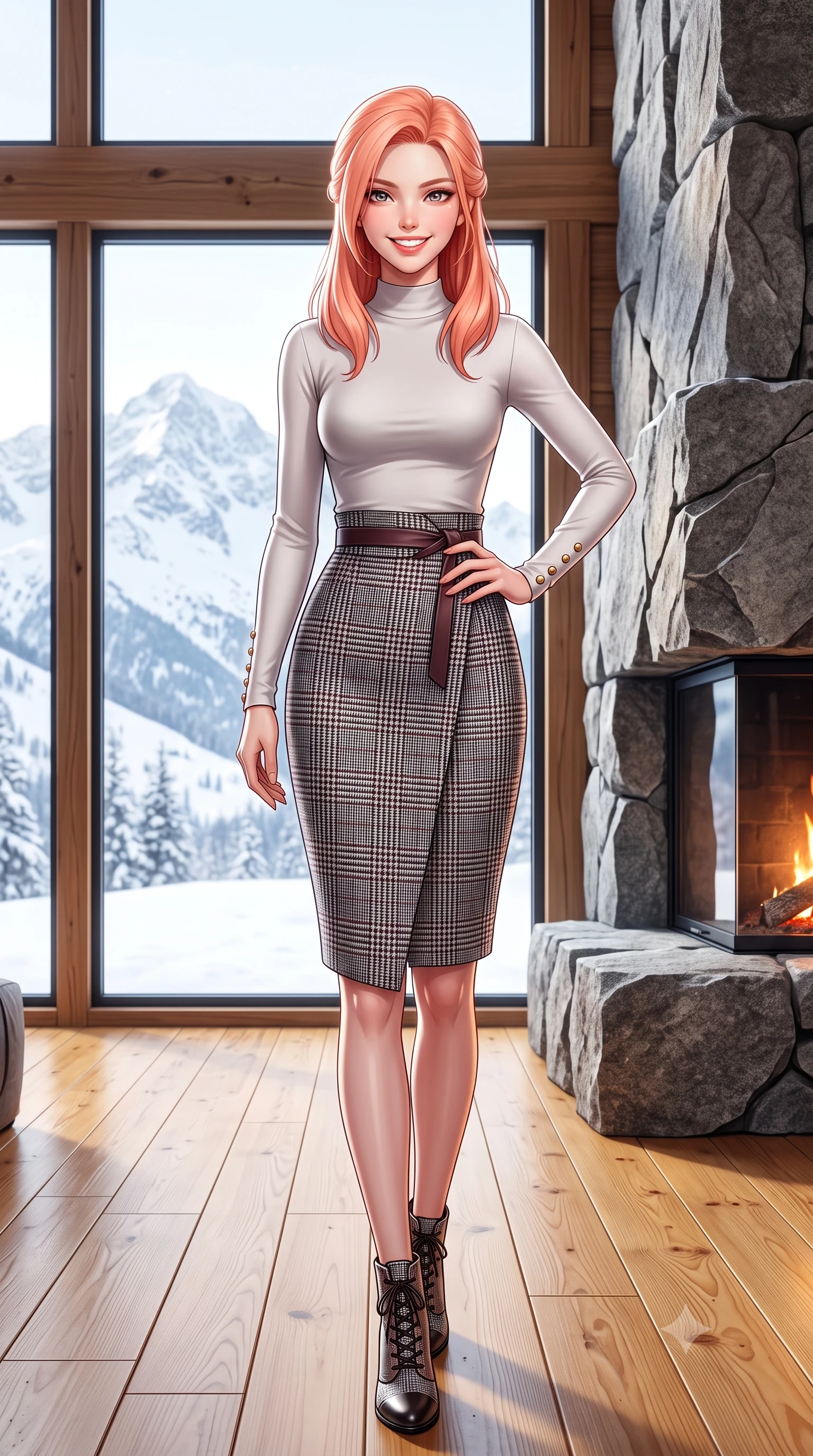 score_9, masterpiece, best quality, ultra-detailed, high-budget anime keyframe, semi-realistic 3D game render, editorial fashion photography, tasteful artistic composition, Japanese woman. low angle full-body shot from head to toe showing her feet, filling the entire 9:16 vertical frame with her statuesque presence, stretching her vertical silhouette. standing tall and centered in the frame with one hand on her hip, radiating statuesque poise, an ultra-slim waist, and captivating allure while walking across the honey-toned pine floor toward the panoramic window, her chunky cable-knit sweater accentuating her slender waistline. The surrounding environment is rendered in vivid detail and crisp panoramic clarity: sharp natural cleavage lines in rough-hewn granite fireplace, triple-glazed insulated window seals, and wide fir timber plank grain in deep focus. She has an exceptionally tall and slender model-like 8.5-heads proportion, an ultra-slim waist, a flat toned midriff, narrow delicate ribcage, and beautifully sculpted feminine hips creating a graceful, slim hourglass silhouette without any bulky heaviness, with impossibly long slender legs. sharp v-shaped jawline, high-bridge nose, intricate jewel-like sparkling eyes with depth, thick eyelashes, glossy parted lips with a natural peach sheen, bright cheerful beaming smile with an enchanting and coquettish sensual glint, exuding both youthful cute charm and seductive allure, flawlessly proportioned anatomical accuracy, strict slender model proportions, natural body alignment, perfectly sculpted long slender limbs, ultra-slim waistline, clean dynamic posture without body distortion. wearing a tight-fitting mock-neck silk jersey top paired with a high-waisted wrap pencil skirt cinched with an obi-inspired leather belt in classic glen plaid monochrome with subtle wine red accent, made of high-gauge compact silk knit that hugs her curves with seamless sculpted precision, accented with delicate gold button studs trailing down the snug sleeve cuffs, the snug waist-cinching tailoring accentuating her ultra-slim waistline and the enchanting curve of her feminine hips with alluring seductive charm. illuminated by brilliant snow reflection fill and sharp ice-crystal rim lights defining her razor-sharp jawline and tall slender frame. highly saturated vibrant anime colors, detailed shading with soft gradients, rich glossy textures, high-contrast stereoscopic depth, volumetric dynamic lighting, master piece, 9:16 ratio