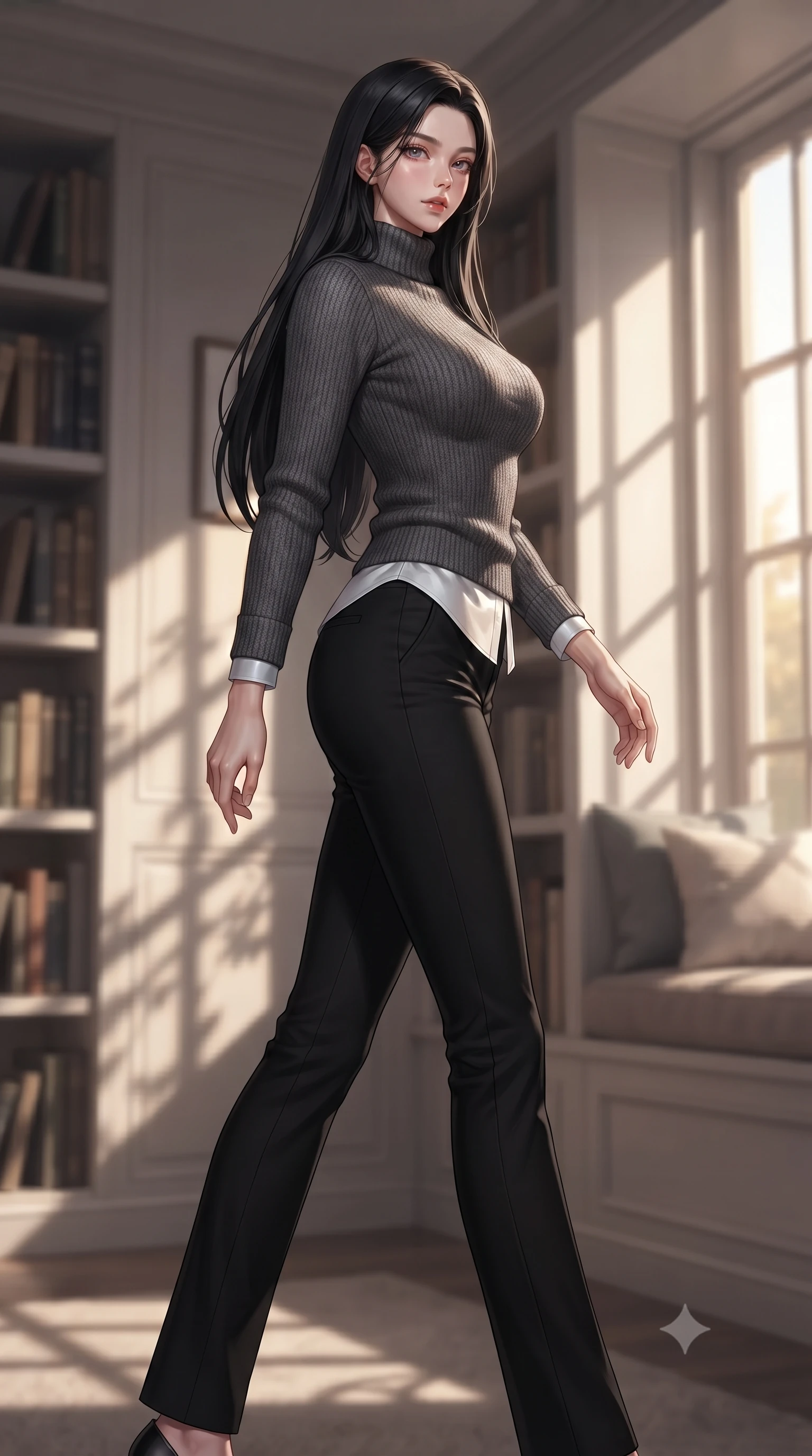 score_9, masterpiece, best quality, ultra-detailed, high-budget anime keyframe, editorial fashion photography, tasteful artistic composition, Korean woman woman. low angle full-body shot from head to toe showing her feet, filling the entire 9:16 vertical frame with her statuesque presence, stretching her vertical silhouette. stepping gracefully while looking back over her shoulder, her dress draped tightly to reveal her silhouette the background shows a soft-focus a quiet personal library room with bookshelves lining the walls and a plush window seat. She has an absolutely perfect, statuesque 8.5-heads proportion, an exceptionally tall and slender model-like female figure with impossibly long slender legs and an ultra-slim waist. sharp v-shaped jawline, high-bridge nose, intricate jewel-like eyes with depth, thick eyelashes, glossy lips with a natural sheen. wearing a body-hugging cozy charcoal grey knit sweater over a white collared shirt and black slacks. soft golden afternoon light filtering through the window, casting long shadow patterns. ultra-reflective glossy finish, specular highlights, metallic sheen, high-contrast stereoscopic depth, volumetric dynamic lighting, 2k, ultra detail, master piece, 9:16 ratio