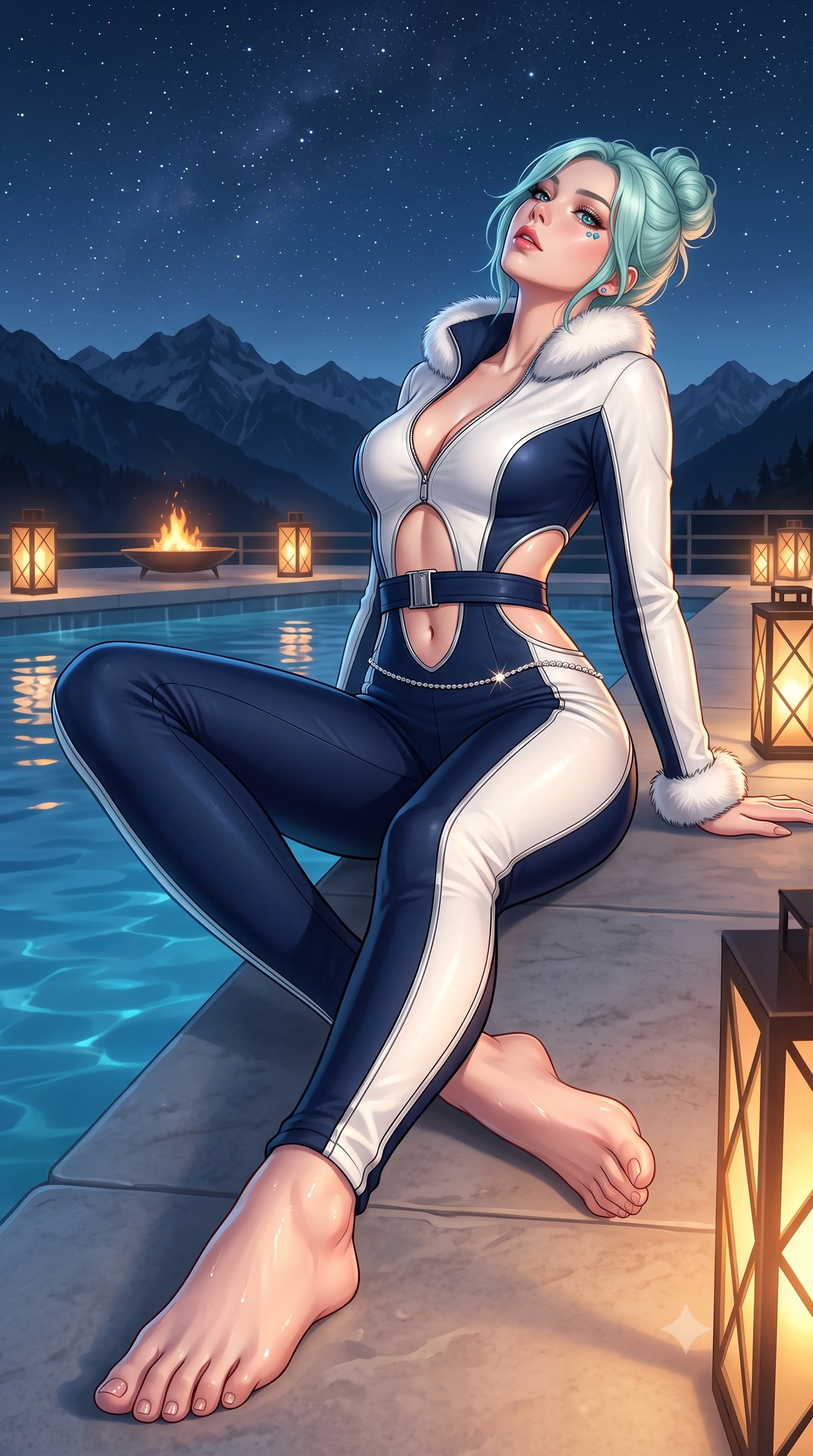 score_9, masterpiece, best quality, ultra-detailed, high-budget anime keyframe, semi-realistic 3D game render, editorial fashion photography, tasteful artistic composition, Japanese woman. low angle full-body shot from head to toe showing her feet, filling the entire 9:16 vertical frame with her statuesque presence, stretching her vertical silhouette. reclining back languidly with one knee bent and spine arched in a breathtaking dancer line, commanding the entire 9:16 vertical frame while leaning against the smooth stone pool ledge, head tilted back toward starry alpine skies with parted, glossy lips. The surrounding environment is rendered in vivid detail and crisp panoramic clarity. detailed mountain ridge silhouettes, glowing lantern lattice, and wet skin highlights in high clarity. She has an absolutely perfect, statuesque 8.5-heads proportion, an exceptionally tall and slender model-like female figure with impossibly long slender legs, a toned flat midriff, and an ultra-slim waist. sharp v-shaped jawline, high-bridge nose, intricate jewel-like eyes with depth, thick eyelashes, glossy parted lips with a natural sheen, intensely captivating and seductive expression, flawlessly proportioned anatomical accuracy, strict slender model proportions, natural body alignment, perfectly sculpted long slender limbs, ultra-slim waistline, clean dynamic posture without body distortion. wearing a form-fitting thermal catsuit with reflective silver piping and an ultra-flattering waist-cinching belt in deep alpine midnight navy and snow white, tailored from supple white lambskin leather with fur trim accents, accented with a dainty diamond waist chain catching the firelight glow, the precision-cut daring openings accentuating her delicate midriff, graceful bare collarbones, and ultra-slim feminine waistline. illuminated by wet specular highlights accentuating her slender neckline, sculpted waist, and curves. highly saturated vibrant anime colors, detailed shading with soft gradients, rich glossy textures, high-contrast stereoscopic depth, volumetric dynamic lighting, master piece, 9:16 ratio