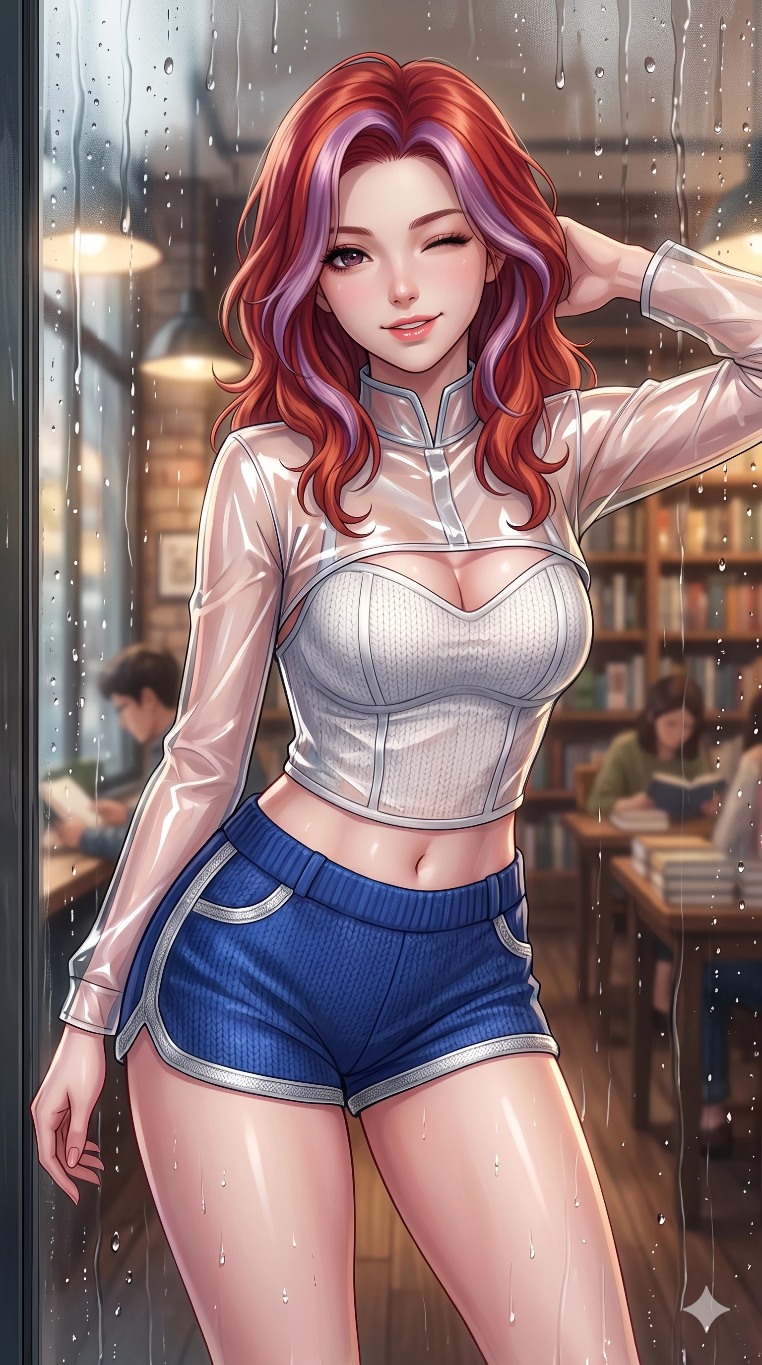 score_9, masterpiece, best quality, ultra-detailed, high-budget anime keyframe, vibrant anime aesthetic, Caucasian woman, strictly human ears. close-up cowboy shot from the waist and thighs up, the character dominates the composition, filling the frame with her large presence, background elements kept in soft focus. She is peering through a rain-streaked window, winking with a playful grin, gazing softly at the camera lens with a lively, expressive stance. the background shows a soft-focus cozy bookstore cafe with warm reading lights, facing a glass wall covered in fresh rain droplets (Code-P22-148). She has an absolutely perfect proportion, an exceptionally elegant and slender female figure with an ultra-slim waist. V-shaped jawline, high-bridge nose, intricate jewel-like eyes with depth, thick eyelashes, glossy lips with a natural sheen. wearing a translucent patent-gloss top over a white textured knit structured bodice and knit shorts in sapphire blue and silver trim. She is drenched in soft daylight filtering through rain-streaked glass panels, highlighting her V-shaped jawline inside the retro conservatory cafe. 2k, ultra detail, master piece, 9:16 ratio