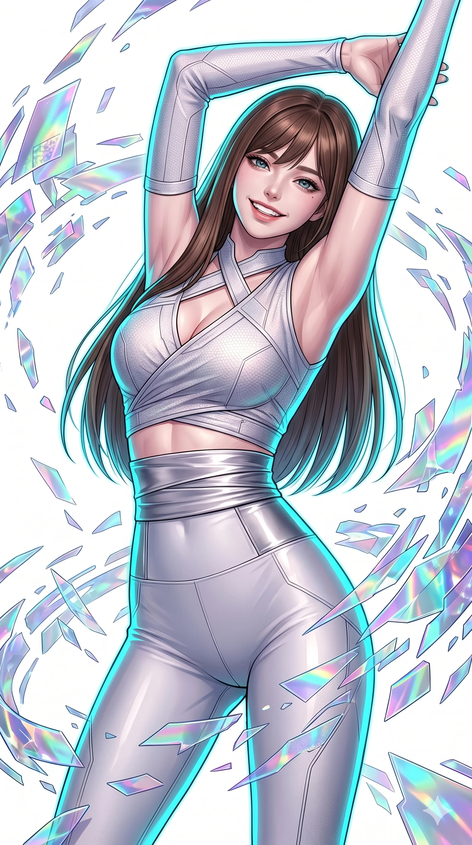 score_9, masterpiece, best quality, ultra-detailed, high-budget anime keyframe, editorial fashion photography, tasteful artistic composition, Korean woman. Upper body close-up from the thighs up, character filling the screen for maximum presence. She is leaning back with a confident, expressive smile amidst swirling holographic data shards in a brilliant white digital void. She stretches one arm overhead in a dynamic, fluid motion. She has an absolutely perfect 8-heads proportion, a tall and elegant figure with a refined silhouette and a defined waistline. V-shaped jawline, high-bridge nose, intricate jewel-like eyes with depth, thick eyelashes, glossy lips with a natural sheen. She is wearing a cropped cyber-fusion wrap top with delicate textured panels, a geometric crossover collar, and a high-waisted metallic sash highlighting her defined waistline. The scene is illuminated by stark white key lights and a neon cyan rim light tracing her silhouette. 2k, ultra detail, master piece, 9:16 ratio