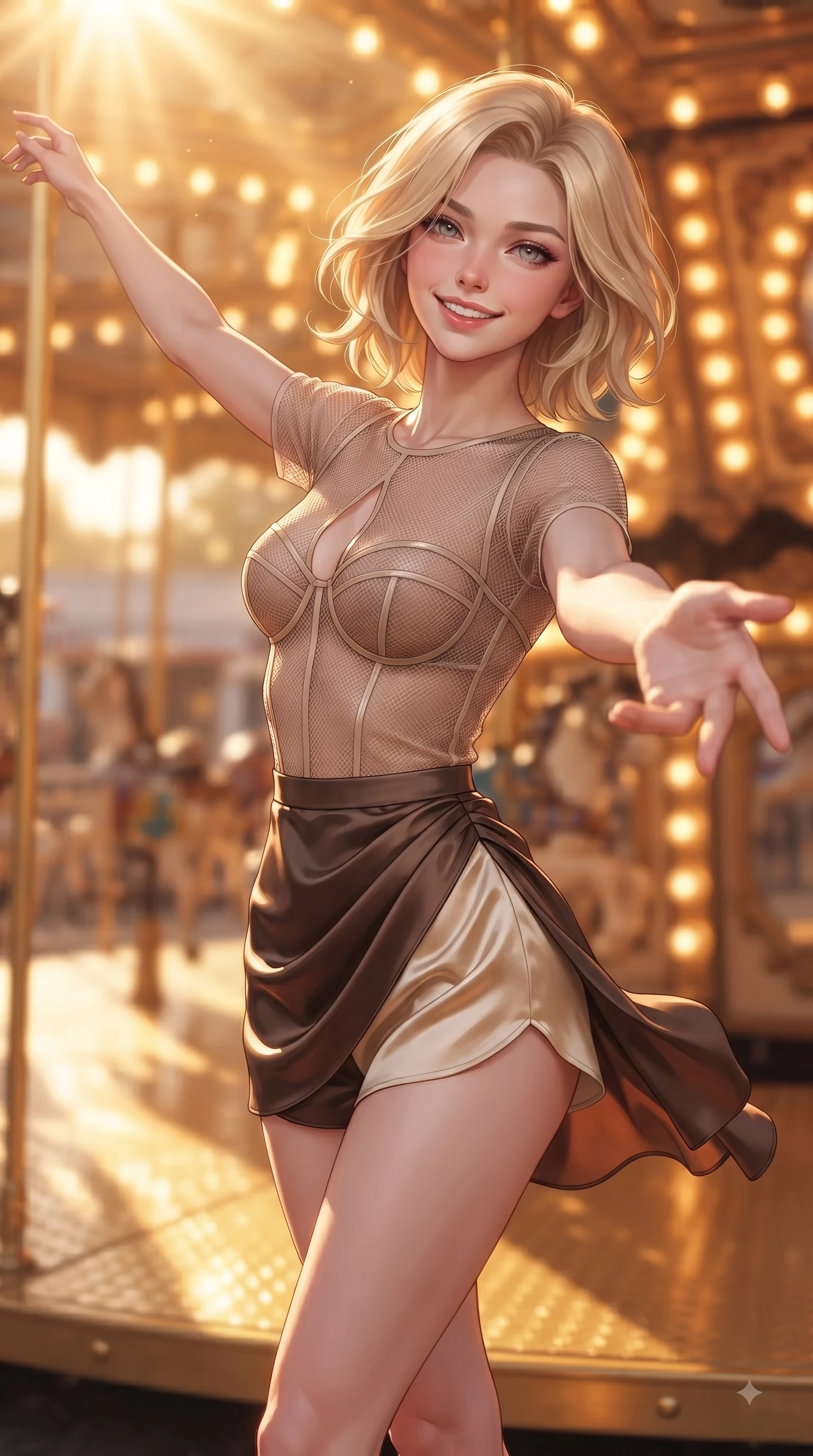 score_9, masterpiece, best quality, ultra-detailed, high-budget anime keyframe, editorial fashion photography, tasteful artistic composition, Caucasian woman. close-up cowboy shot from the waist and thighs up, the character dominates the composition, filling the frame with her large presence, background elements kept in soft focus. Extending one arm in an elegant stretch toward the sun while smiling with vibrant, magnetic self-assurance while reaching one arm out playfully toward the camera while spinning on a golden carousel deck, thousands of warm vintage light bulbs casting glowing golden circles in soft bokeh. She has an exceptionally elegant, slender, and willowy female figure with an ultra-slim waist, a gracefully sculpted slender torso, and a refined silhouette. sharp v-shaped jawline, high-bridge nose, intricate jewel-like eyes with depth, thick eyelashes, glossy lips with a natural sheen, flawlessly proportioned anatomical accuracy, natural body alignment, perfectly sculpted elegant limbs, clean dynamic posture without body distortion. wearing a delicate see-through mesh top with structured cup boning and micro-shorts in espresso brown and warm cream, crafted from lustrous satin jersey with fluid draping, accented with a Tasteful chest slit framing her clavicle gracefully, the form-contouring material highlighting her ultra-slim waist and long lines. bathed in glorious golden hour sunbeams and warm amber carousel lamp radiance. ultra-reflective glossy finish, specular highlights, metallic sheen, high-contrast stereoscopic depth, volumetric dynamic lighting, 2k, ultra detail, master piece, 9:16 ratio