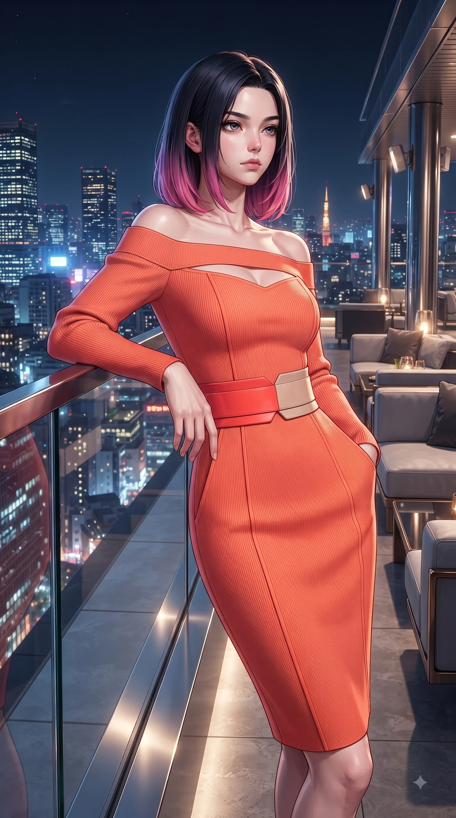 score_9, masterpiece, best quality, ultra-detailed, high-budget anime keyframe, editorial fashion photography, tasteful artistic composition, Korean woman. close-up cowboy shot from the waist and thighs up, the character dominates the composition, filling the frame with her large presence. Cool disdainful expression looking past the camera with effortless superiority and a stoic facial line while leaning against a sleek glass railing overlooking a vibrant urban skyline. The surrounding environment is rendered in vivid detail and crisp panoramic clarity. vibrant city night lights and sleek rooftop lounge decor captured with environmental precision. She has an exceptionally elegant, slender, and willowy female figure with an ultra-slim waist, a gracefully sculpted slender torso, and a refined silhouette. sharp v-shaped jawline, high-bridge nose, intricate jewel-like eyes with depth, thick eyelashes, glossy lips with a natural sheen, flawlessly proportioned anatomical accuracy, natural body alignment, perfectly sculpted elegant limbs, clean dynamic posture without body distortion. wearing a bold coral orange off-shoulder ribbed knit dress with a fitted waist belt in vibrant coral red and soft beige, tailored from structured wool crepe with clean lines, complemented by clean architectural seams and subtle cutouts, the chic fashion cut framing her graceful clavicle and slender torso. surrounded by an opulent, glamorous, and high-fashion nightlife editorial aura. ultra-reflective glossy finish, specular highlights, metallic sheen, high-contrast stereoscopic depth, volumetric dynamic lighting, 2k, ultra detail, master piece, 9:16 ratio