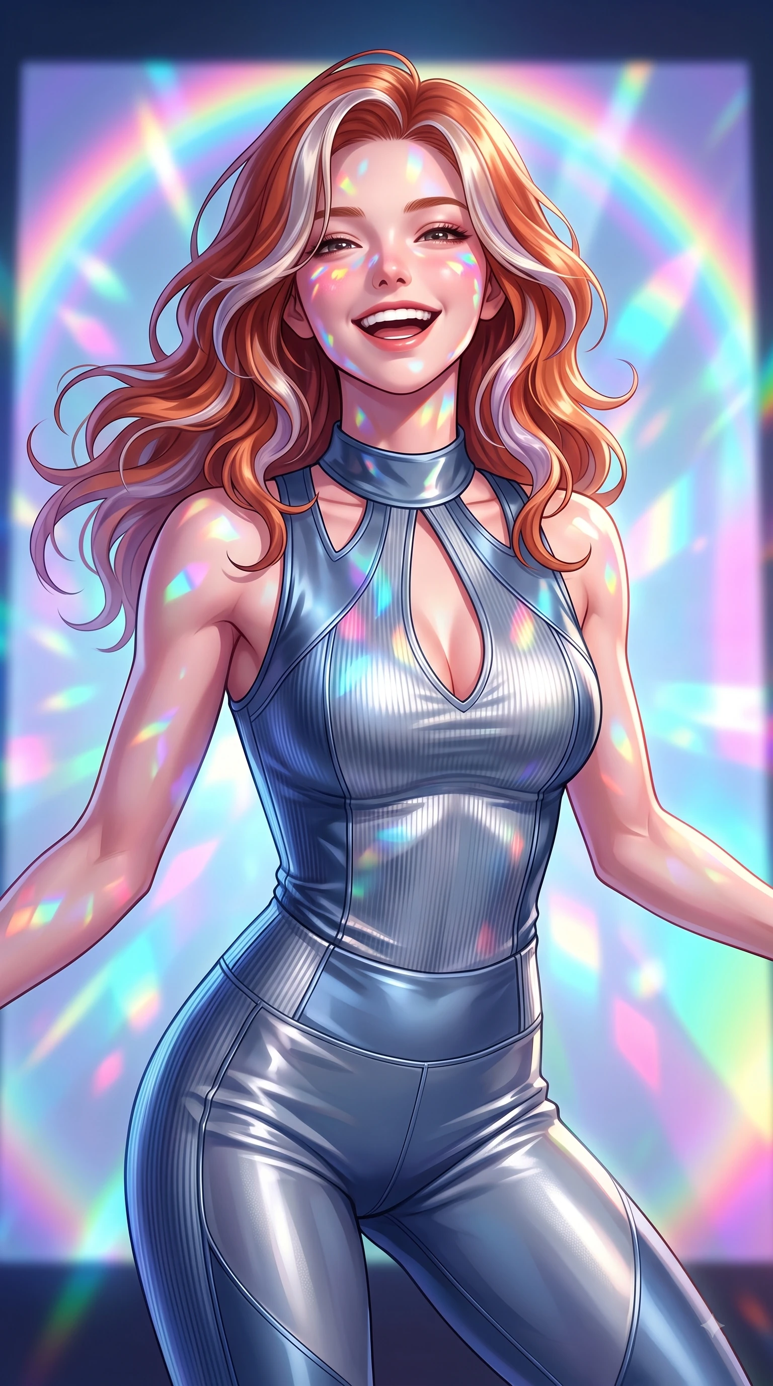 score_9, masterpiece, best quality, ultra-detailed, high-budget anime keyframe, editorial fashion photography, tasteful artistic composition, Caucasian woman. close-up cowboy shot from the waist and thighs up, the character dominates the composition, filling the frame with her large presence, background elements kept in soft focus. Tilting her chin up with a beaming smile of pure delight while balancing dynamically amidst the scene while poised in a playful stance before a giant holographic canvas emitting luminous color arcs, a kaleidoscope of refractions forming colorful geometric light patterns on her skin. She has an exceptionally elegant, slender, and willowy female figure with an ultra-slim waist, a gracefully sculpted slender torso, and a refined silhouette. sharp v-shaped jawline, high-bridge nose, intricate jewel-like eyes with depth, thick eyelashes, glossy lips with a natural sheen, flawlessly proportioned anatomical accuracy, natural body alignment, perfectly sculpted elegant limbs, clean dynamic posture without body distortion. wearing a form-fitting ribbed activewear set with elegant collar cutouts in slate blue and metallic silver, crafted from smooth liquid silk, accented with a Tasteful chest slit framing her clavicle gracefully, the tailored fabric tightly following every curve of her athletic build. bathed in high-contrast vibrant studio lighting with sharp cheerful specular highlights. highly saturated vibrant anime colors, detailed shading with soft gradients, rich glossy textures, high-contrast stereoscopic depth, volumetric dynamic lighting, master piece, 9:16 ratio