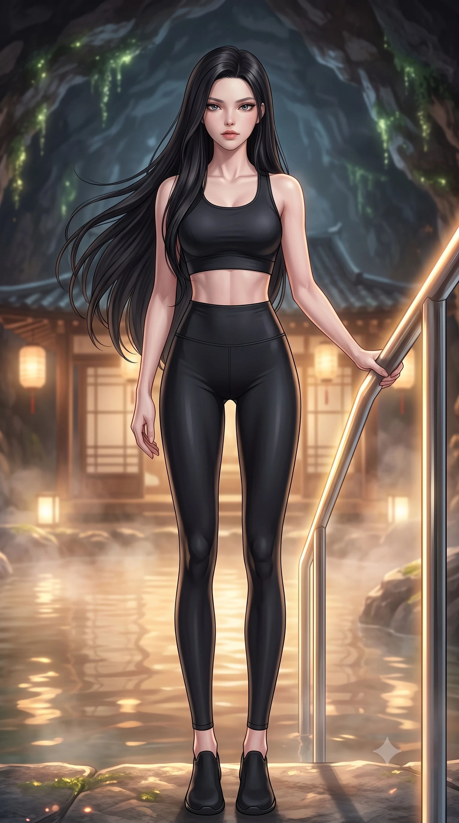 score_9, masterpiece, best quality, ultra-detailed, high-budget anime keyframe, editorial fashion photography, tasteful artistic composition, Korean woman. low angle full-body shot from head to toe showing her feet, filling the entire 9:16 vertical frame with her statuesque presence, stretching her vertical silhouette. standing in a tall, confident posture with one hand on a glowing metal railing, stretching her statuesque body, the background shows a soft-focus a tea pavilion hot spring inside a cave with warm steaming water. She has an absolutely perfect, statuesque 8.5-heads proportion, an exceptionally tall and slender model-like female figure with impossibly long slender legs and an ultra-slim waist. sharp v-shaped jawline, high-bridge nose, intricate jewel-like eyes with depth, thick eyelashes, glossy lips with a natural sheen. wearing a tailored form-fitting athletic crop top and matching high-waisted compression leggings in sleek carbon-black tech fabric. soft flickering light from glowing moss reflecting on the pool water. highly saturated vibrant anime colors, detailed shading with soft gradients, rich glossy textures, high-contrast stereoscopic depth, volumetric dynamic lighting, master piece, 9:16 ratio