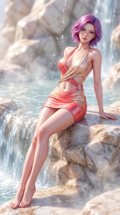 score_9, masterpiece, best quality, ultra-detailed, high-budget anime keyframe, semi-realistic 3D game render, editorial fashion photography, tasteful artistic composition, Caucasian woman. low angle full-body shot from head to toe showing her feet, 