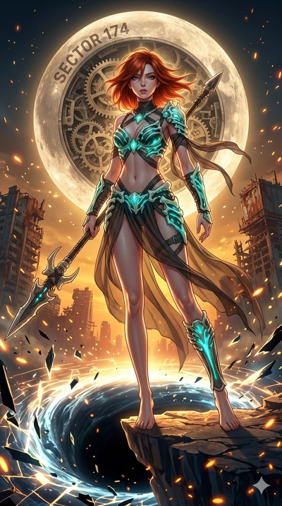 score_9, masterpiece, best quality, ultra-detailed, Set A: High-budget Anime Keyframe, Caucasian (human ears) woman. Low angle cowboy shot filling the entire 9:16 frame with her statuesque presence. Theme: Urban Decay. shattering the fabric of realit
