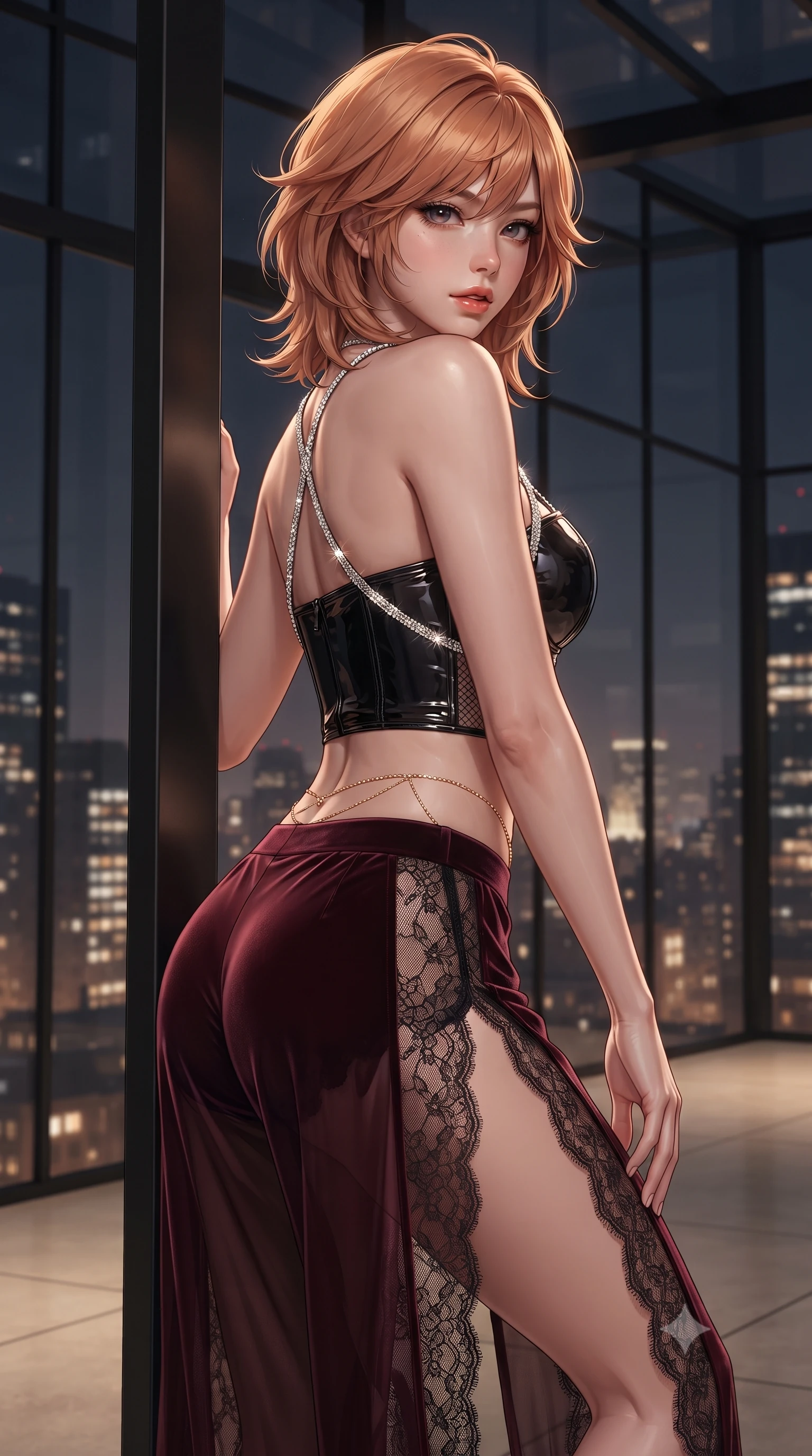 score_9, masterpiece, best quality, ultra-detailed, high-budget anime keyframe, editorial fashion photography, tasteful artistic composition, Korean woman. close-up cowboy shot from the waist and thighs up, the character dominates the composition, filling the frame with her large presence. posing in an alluring rear three-quarter angle, looking over a bare shoulder with parted glossy lips, her hips cocked back to highlight her slim hourglass curve while leaning against the minimalist black steel glasshouse pillar with hips cocked back, casting an intoxicating, smoldering bedroom-smile. The surrounding environment is rendered in vivid detail and crisp panoramic clarity: detailed strappy leatherette corset bodice texture, diamond body harness gleam, and iconic modernist architecture in high resolution. She has an exceptionally elegant, slender, and willowy female figure with an ultra-slim waist, flat toned midriff, narrow ribcage, and sculpted feminine hips creating an alluring, slim hourglass silhouette without bulk. sharp v-shaped jawline, high-bridge nose, sparkling eyes with hypnotic seductive depth, thick curled eyelashes, glossy parted lips with a natural dewy peach sheen, alluring bedroom-eyes with an enchanting coquettish smile, exuding magnetic siren charisma and sophisticated glamour, flawlessly proportioned anatomical accuracy, strict slender model proportions, natural body alignment, perfectly sculpted long slender limbs, ultra-slim waistline, clean dynamic posture without body distortion. wearing a wet-look form-fitting vinyl bustier paired with sheer chiffon high-slit wide-leg trousers in deep bordeaux velvet and delicate black chantilly, crafted from shimmering fluid chainmail mesh reflecting ambient lights, accented with a dainty gold belly chain resting across her flat midriff and curving hips, the form-contouring silhouette accentuating her sculpted flat midriff, narrow delicate ribcage, and gracefully curvy hips with intoxicating allure. bathed in warm 2800K glasshouse interior downlighting paired with vast upward city grid light fill. ultra-reflective glossy finish, specular highlights, rich textural contrasts, high-contrast stereoscopic depth, volumetric dynamic lighting, 2k, ultra detail, master piece, 9:16 ratio