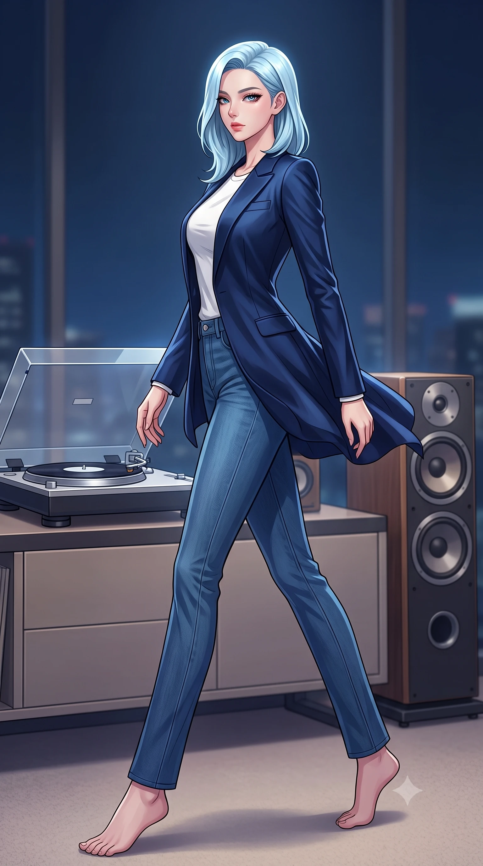 score_9, masterpiece, best quality, ultra-detailed, high-budget anime keyframe, tasteful artistic composition, Korean woman. low angle full-body shot from head to toe showing her feet, filling the entire 9:16 vertical frame with her statuesque presence, stretching her vertical silhouette. stepping gracefully while looking back over her shoulder, her dress draped tightly to reveal her silhouette the background shows a soft-focus a luxury penthouse lounge with a modern turntable and high-end audio speakers. She has an absolutely perfect, statuesque 8.5-heads proportion, an exceptionally tall and slender model-like female figure with impossibly long slender legs and an ultra-slim waist. sharp v-shaped jawline, high-bridge nose, intricate jewel-like eyes with depth, thick eyelashes, glossy lips with a natural sheen. wearing a body-hugging classic navy blue blazer over a white crewneck shirt and straight-leg blue jeans. soft spotlighting highlighting the silk textures of her gown. highly saturated vibrant anime colors, cel-shading, 2d style, master piece, 9:16 ratio