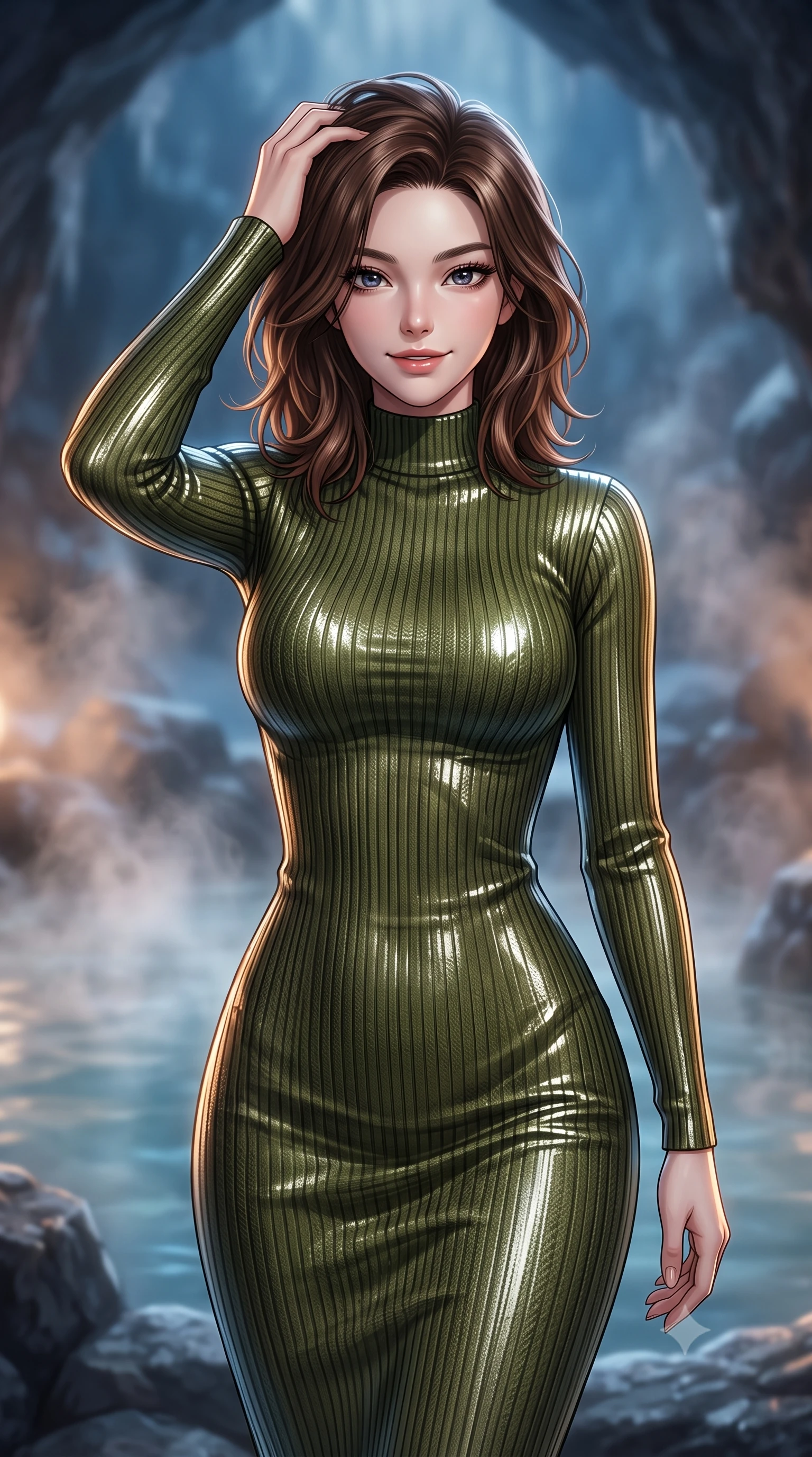 score_9, masterpiece, best quality, ultra-detailed, high-budget anime keyframe, editorial fashion photography, tasteful artistic composition, Korean woman. close-up cowboy shot from the waist and thighs up, the character dominates the composition, filling the frame with her large presence, background elements kept in soft focus. slowly running a hand through her hair, smiling with quiet, magnetic self-assurance directly into the camera, the background shows a soft-focus an ice cave hot spring pool with mineral steam rising around rocks. She has an exceptionally elegant, slender, and willowy female figure with an ultra-slim waist, a gracefully sculpted slender torso, and a refined silhouette. sharp v-shaped jawline, high-bridge nose, intricate jewel-like eyes with depth, thick eyelashes, glossy lips with a natural sheen. wearing a tailored body-hugging ribbed carbon-fiber knit bodycon midi dress in olive green, featuring a snug mock-neck. soft morning mist diffusing the warm starlight, creating a tranquil wash. ultra-reflective glossy finish, specular highlights, metallic sheen, high-contrast stereoscopic depth, volumetric dynamic lighting, 2k, ultra detail, master piece, 9:16 ratio