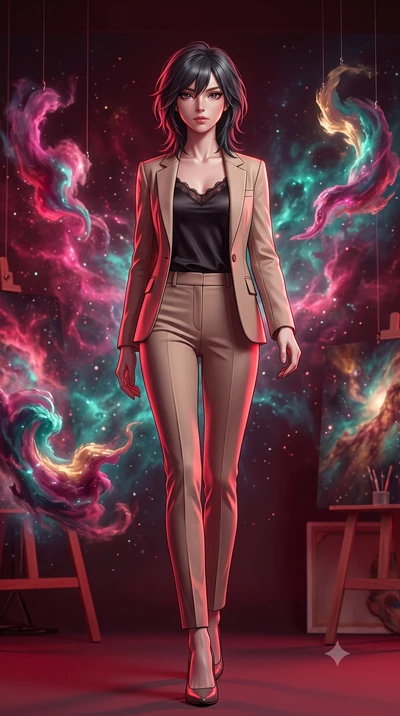 score_9, masterpiece, best quality, ultra-detailed, high-budget anime keyframe, editorial fashion photography, tasteful artistic composition, Caucasian woman, strictly human ears. low angle full-body shot from head to toe showing her feet, filling th