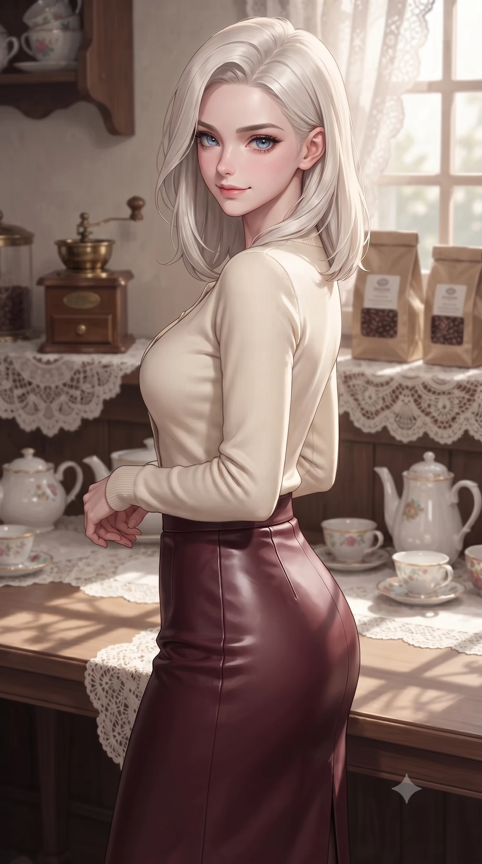 score_9, masterpiece, best quality, ultra-detailed, high-budget anime keyframe, editorial fashion photography, tasteful artistic composition, Caucasian woman. close-up cowboy shot from the waist and thighs up, the character dominates the composition, filling the frame with her large presence, background elements kept in soft focus. smiling with a playful and cute half-smile, glancing sidelong over her shoulder set against a soft-focus background of in a charming retro tea room with lace table runners and ceramic teapots with a vintage coffee grinder and bags of coffee beans on the counter behind her. She has an exceptionally elegant, slender, and willowy female figure with an ultra-slim waist, a gracefully sculpted slender torso, and a refined silhouette. sharp v-shaped jawline, high-bridge nose, intricate jewel-like eyes with depth, thick eyelashes, glossy lips with a natural sheen. wearing form-contouring tight-fitting cashmere cardigan closed, paired with a sleek leather midi skirt. soft afternoon sunlight casting shadows of window panes on the wooden table. ultra-reflective glossy finish, specular highlights, metallic sheen, high-contrast stereoscopic depth, volumetric dynamic lighting, 2k, ultra detail, master piece, 9:16 ratio