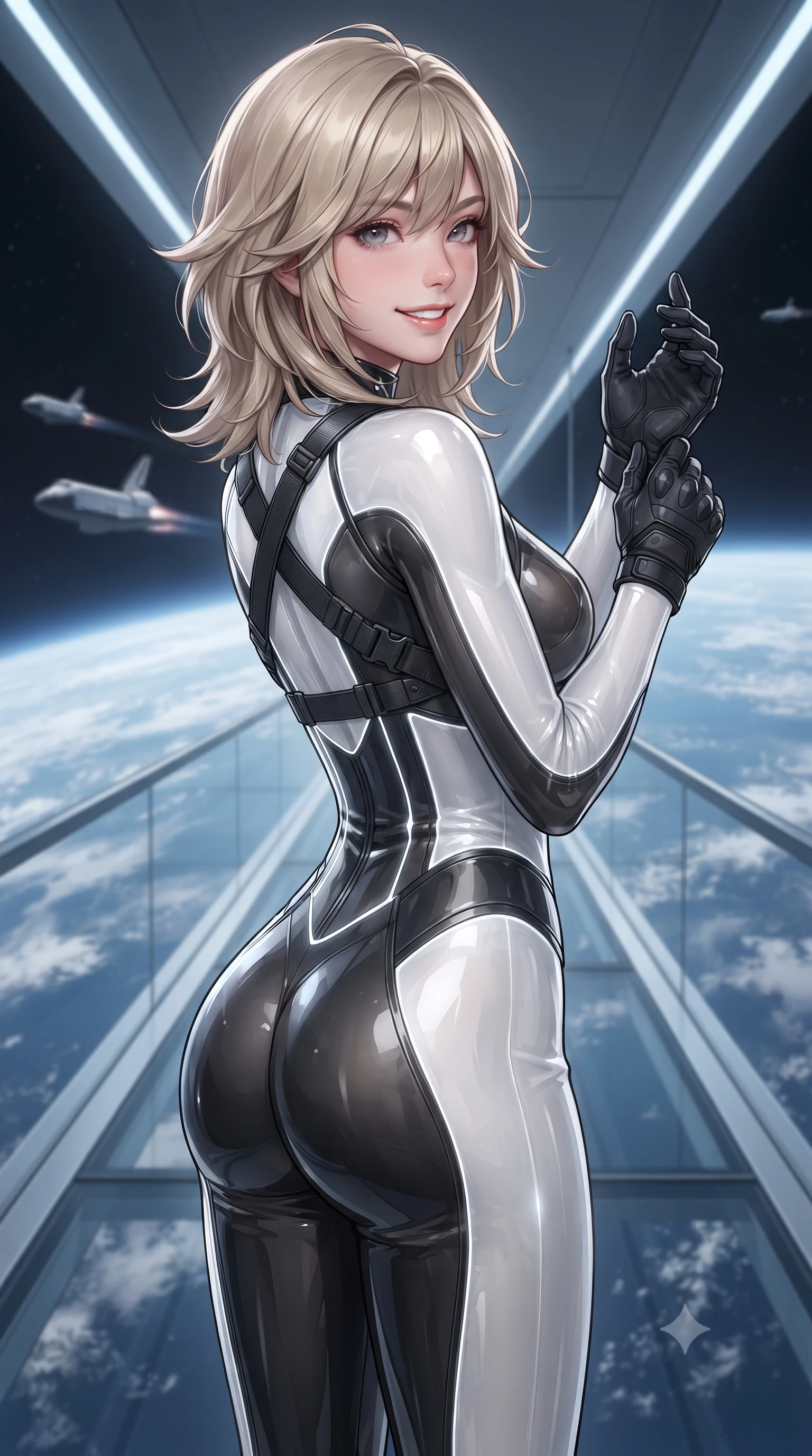 score_9, masterpiece, best quality, ultra-detailed, high-budget anime keyframe, editorial fashion photography, tasteful artistic composition, Japanese woman. close-up cowboy shot from the waist and thighs up, the character dominates the composition, filling the frame with her large presence. adjusting her tactical glove with cool confidence, her bright smile capturing fresh girlhood charm while her arched torso reveals an intoxicating hip contour while walking slowly along the frameless glass skybridge suspended miles above Earth, looking back over her shoulder with an air of effortless grace and a teasing smile. The background shows a soft-focus orbital transit shuttles trailing faint ion exhausts in the distance softened in futuristic high-orbit shallow focus. She has an exceptionally elegant, slender, and willowy female figure with an ultra-slim waist, flat toned midriff, narrow ribcage, and sculpted feminine hips creating an alluring, slim hourglass silhouette without bulk. sharp v-shaped jawline, high-bridge nose, intricate jewel-like sparkling eyes with depth, thick eyelashes, glossy parted lips with a natural sheen, bright confident smile with an enchanting and coquettish sensual glint, exuding both youthful magnetic charm and sovereign high-tech allure, flawlessly proportioned anatomical accuracy, strict slender model proportions, natural body alignment, perfectly sculpted long slender limbs, ultra-slim waistline, clean dynamic posture without body distortion. wearing a translucent high-gloss polymer flight suit with internal luminescent wire filigree and tailored waist cinching in dual-tone high-contrast monochrome black and stark white, formed from supple thermal silicone composite adhering seamlessly like a second skin, finished with criss-cross Kevlar tactical straps tracing her graceful shoulder blades, the high-waisted tailoring accentuating her ultra-slim waistline and the enchanting curve of her feminine hips with alluring dark charm. illuminated by internal skybridge LED pathway wash and sharp platinum rim lights defining her sculpted collarbones, ultra-slim waist, and curvy hips. ultra-reflective glossy finish, specular highlights, rich textural contrasts, high-contrast stereoscopic depth, volumetric dynamic lighting, 2k, ultra detail, master piece, 9:16 ratio