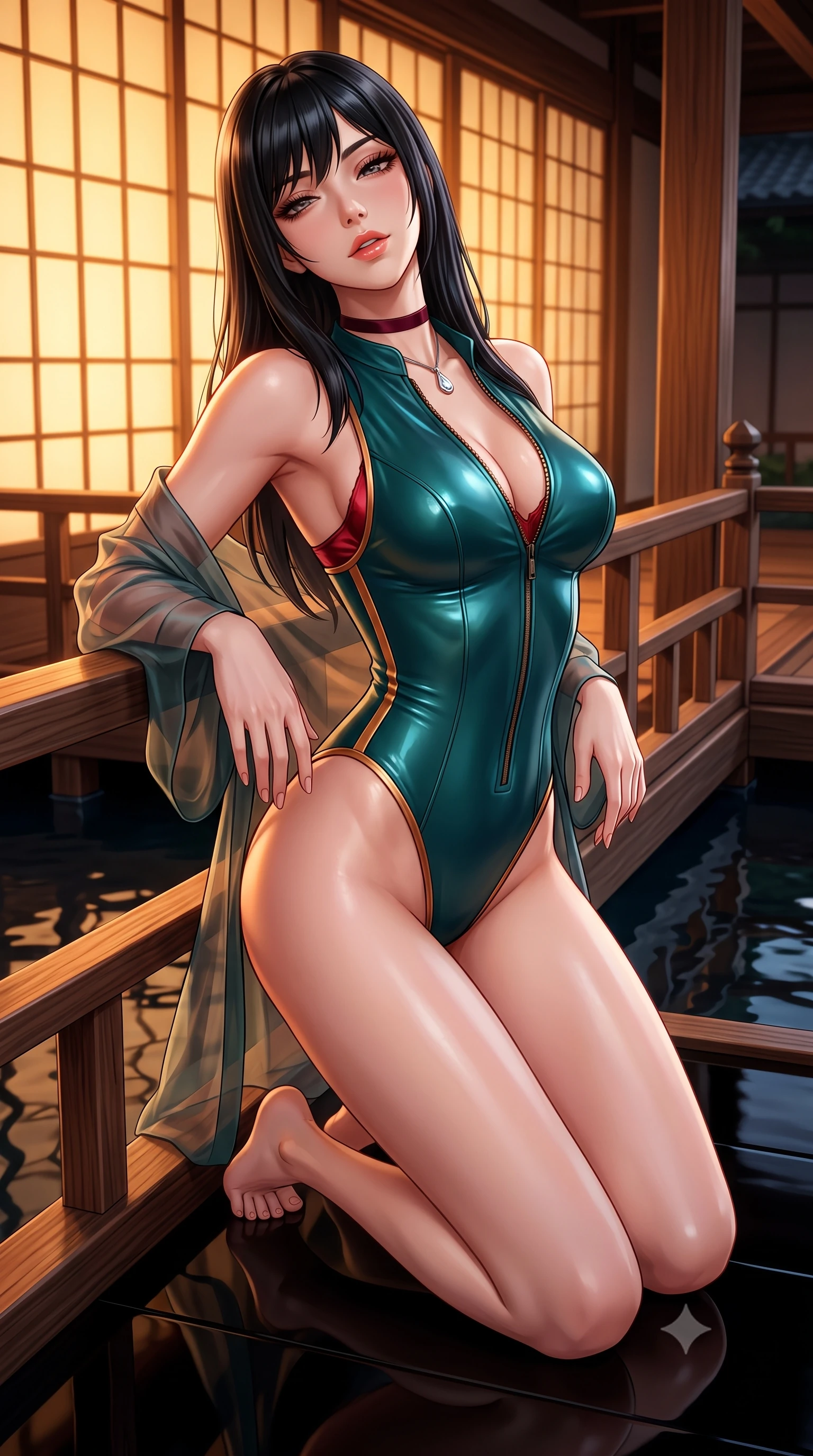 score_9, masterpiece, best quality, ultra-detailed, high-budget anime keyframe, semi-realistic 3D game render, editorial fashion photography, tasteful artistic composition, Caucasian woman. close-up cowboy shot from the waist and thighs up, the character dominates the composition, filling the frame with her large presence. leaning back against the balustrade with relaxed seductive grace, head tilted back slightly while casting a hypnotic, heavy-lidded gaze while kneeling gracefully on the mirror-finish black lacquer engawa veranda, arching her lower back to accentuate her curvy hips beside the dark reflecting pond. The surrounding environment is rendered in vivid detail and crisp panoramic clarity: detailed sheer silk organza modern kimono robe slipping off bare shoulders, red satin bralette cling, and bespoke architecture in high resolution. She has an exceptionally elegant, slender, and willowy female figure with an ultra-slim waist, flat toned midriff, narrow ribcage, and sculpted feminine hips creating an alluring, slim hourglass silhouette without bulk. sharp v-shaped jawline, high-bridge nose, sparkling eyes with hypnotic seductive depth, thick curled eyelashes, glossy parted lips with a natural dewy peach sheen, alluring bedroom-eyes with an enchanting coquettish smile, exuding magnetic siren charisma and sophisticated glamour, flawlessly proportioned anatomical accuracy, strict slender model proportions, natural body alignment, perfectly sculpted long slender limbs, ultra-slim waistline, clean dynamic posture without body distortion. wearing a form-contouring wet-look neoprene zip-front maillot with high-cut leg openings and gold racing side trims in Ubud rainforest teal and sunset copper, tailored from fine structural neoprene with crisp architectural edges and smooth contouring, finished with a thin velvet ribbon choker and a single teardrop diamond pendant, the second-skin tailored fabric adhering flawlessly to her sculpted flat midriff and slender torso, emphasizing her long leg lines and perfectly proportioned willowy build. bathed in warm 2600K amber light radiating from sliding shoji screens mixed with dark water specular reflection. highly saturated vibrant anime colors, detailed shading with soft gradients, rich glossy textures, high-contrast stereoscopic depth, volumetric dynamic lighting, master piece, 9:16 ratio