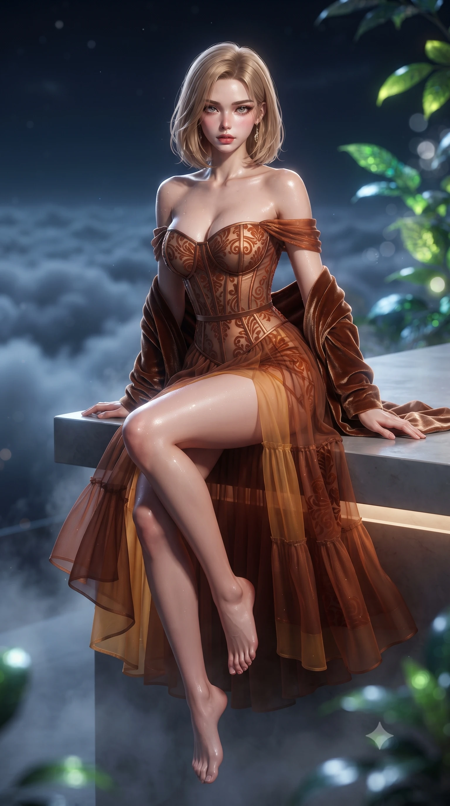 score_9, masterpiece, best quality, ultra-detailed, high-budget anime keyframe, editorial fashion photography, tasteful artistic composition, Korean woman. low angle full-body shot from head to toe showing her feet, filling the entire 9:16 vertical frame with her statuesque presence, stretching her vertical silhouette. sitting perched on the elevated edge with hips angled toward the camera and legs crossed, displaying her toned midriff and flawlessly sculpted slender limbs while pivoting dynamically on the mist-drenched terrace, night winds whipping her silk drapery to emphasize her tall statuesque proportions. The composition keeps background elements in soft focus with creamy bokeh. drifting cloud sea blankets and glowing botanical bio-mesh leaves blurred into electric lime, emerald, and moonlight-silver bokeh. She has an exceptionally tall and slender model-like 8.5-heads proportion, an ultra-slim waist, a flat toned midriff, narrow delicate ribcage, and beautifully sculpted feminine hips creating a graceful, slim hourglass silhouette without any bulky heaviness, with impossibly long slender legs. sharp v-shaped jawline, high-bridge nose, intricate jewel-like eyes with depth, thick eyelashes, glossy parted lips with a natural sheen, intensely captivating and seductive bedroom-eyes expression, flawlessly proportioned anatomical accuracy, strict slender model proportions, natural body alignment, perfectly sculpted long slender limbs, ultra-slim waistline, clean dynamic posture without body distortion. wearing an off-shoulder French court corset bodice dress paired with a tiered translucent chiffon slit skirt in rich copper bronze and warm amber, made of sheer contouring power-mesh with velvet flocking patterns, complemented by a plush velvet shawl draped loosely over her elbows, the liquid-tight tailored fabric clinging flawlessly to her narrow waist and rounded feminine hips, emphasizing every millimeter of her sculpted slim hourglass curves without any bulky heaviness. illuminated by wet specular highlights accentuating her slender neckline, sculpted waist, and rounded hips. ultra-reflective glossy finish, specular highlights, rich textural contrasts, high-contrast stereoscopic depth, volumetric dynamic lighting, 2k, ultra detail, master piece, 9:16 ratio