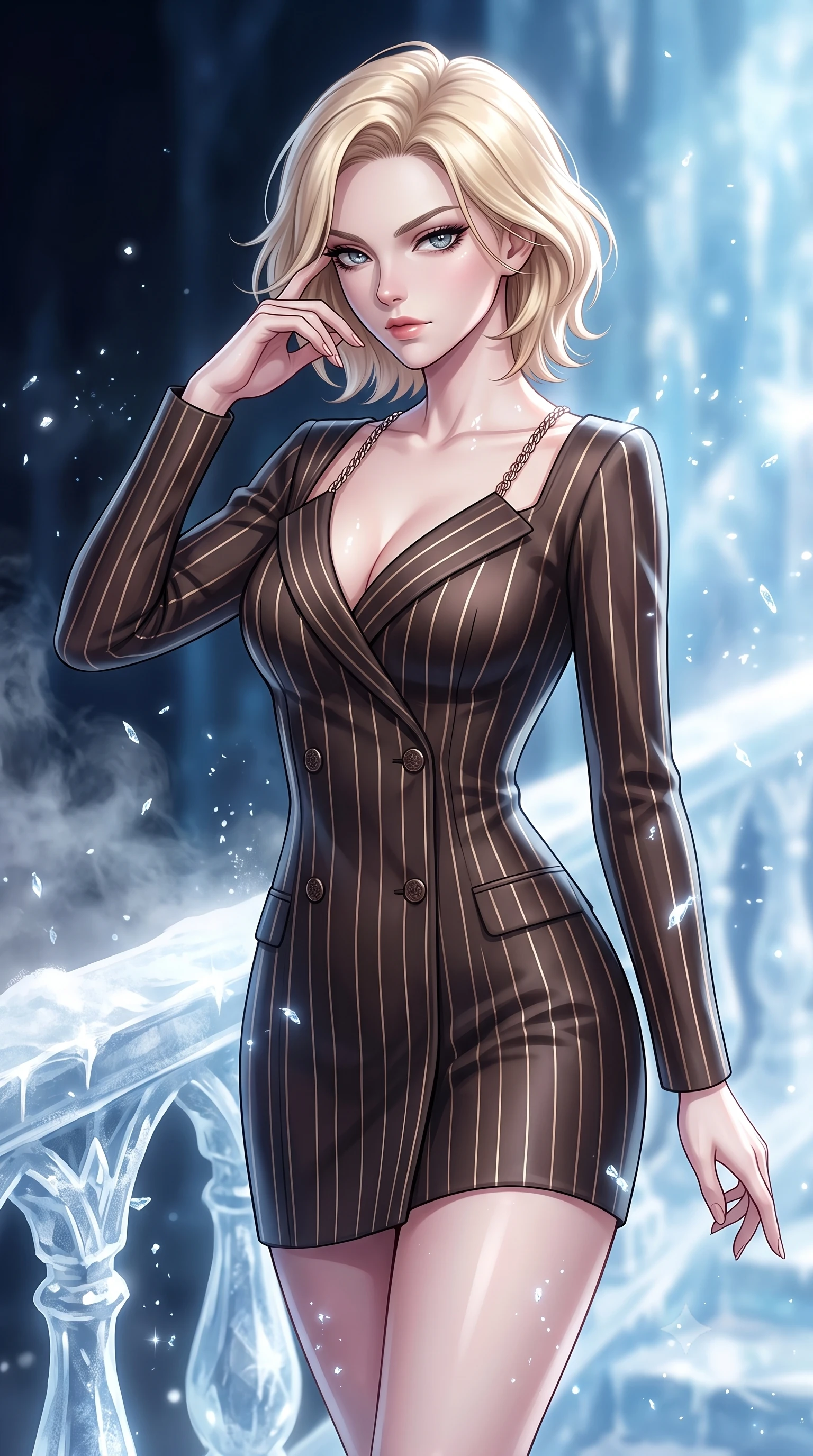 score_9, masterpiece, best quality, ultra-detailed, high-budget anime keyframe, editorial fashion photography, tasteful artistic composition, Caucasian woman. close-up cowboy shot from the waist and thighs up, the character dominates the composition, filling the frame with her large presence, background elements kept in soft focus. Resting her fingers gracefully near her temple, casting a sharp mysterious side-gaze during her stride while resting her fingers gracefully near a carved ice balustrade as frosty mist drifts nearby, glimmering ice crystals scattering crisp silver specular highlights everywhere. She has an exceptionally elegant, slender, and willowy female figure with an ultra-slim waist, a gracefully sculpted slender torso, and a refined silhouette. sharp v-shaped jawline, high-bridge nose, intricate jewel-like eyes with depth, thick eyelashes, glossy lips with a natural sheen, flawlessly proportioned anatomical accuracy, natural body alignment, perfectly sculpted elegant limbs, clean dynamic posture without body distortion. wearing a double-breasted blazer dress with subtle metallic pin-stripes in espresso brown and warm cream, formed from sleek second-skin neoprene, adorned with delicate metallic chain straps along the neckline, the sleek second-skin texture accentuating her magnetic presence. surrounded by a high-contrast icy luminescence and deep velvet shadows. highly saturated vibrant anime colors, detailed shading with soft gradients, rich glossy textures, high-contrast stereoscopic depth, volumetric dynamic lighting, master piece, 9:16 ratio