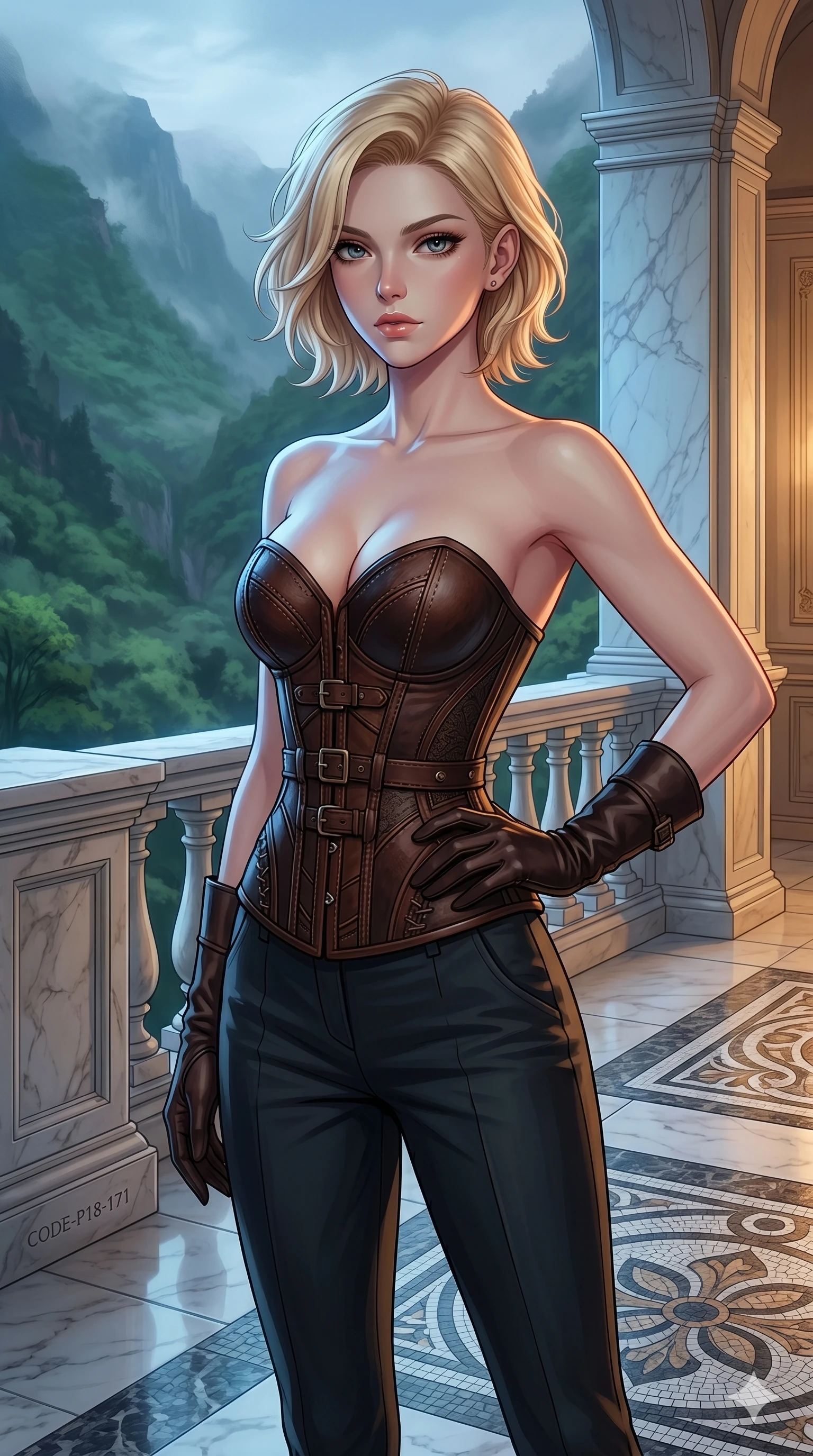 score_9, masterpiece, best quality, ultra-detailed, high-budget anime keyframe, editorial fashion photography, tasteful artistic composition, Caucasian woman, strictly human ears. cowboy shot from the thighs up, character and outfit filling the frame for maximum editorial presence. resting her hand on her hip, arching her back slightly standing on a white marble balcony overlooking a misty green valley (Code-P18-171). She has an absolutely perfect 8-heads proportion, an exceptionally tall and slender female figure with impossibly long slender legs and an ultra-slim waist. V-shaped jawline, high-bridge nose, intricate jewel-like eyes with depth, thick eyelashes, glossy lips with a natural sheen. wearing a leather corset with sweetheart neckline revealing cleavage. cool blue Earthlight mixed with warm indoor lighting, tracing the contours of her body. 2k, ultra detail, master piece, 9:16 ratio