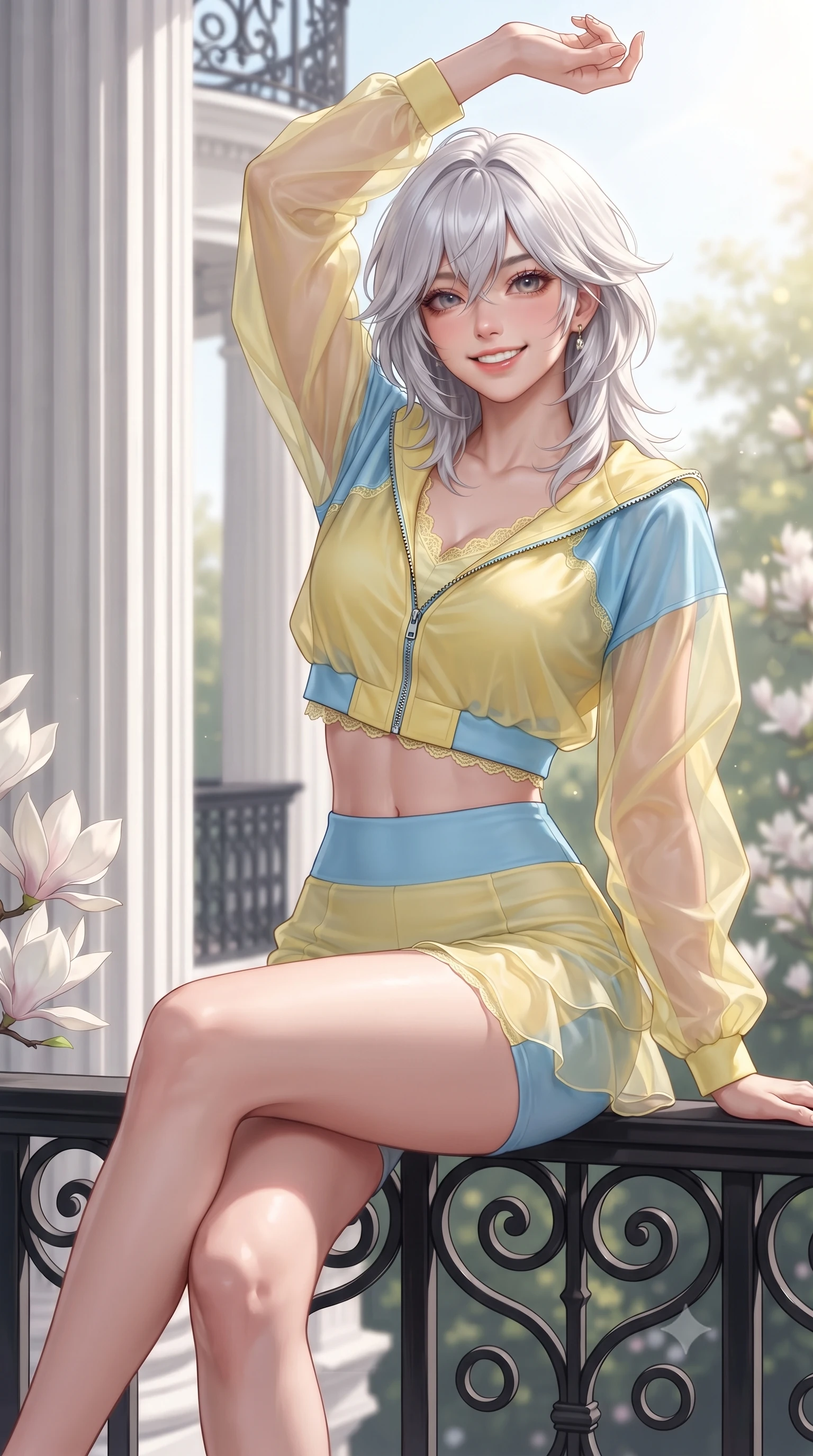 score_9, masterpiece, best quality, ultra-detailed, high-budget anime keyframe, editorial fashion photography, tasteful artistic composition, Japanese woman. close-up cowboy shot from the waist and thighs up, the character dominates the composition, filling the frame with her large presence. playfully stretching one arm overhead toward the sun, her radiant smile capturing fresh girlhood charm while her arched torso reveals an intoxicating hip contour while sitting on the black wrought-iron railing with legs crossed, her long slender legs and narrow waist highlighted in the soft British spring light. The surrounding environment is rendered in vivid detail and crisp panoramic clarity. sharp white column fluting, wrought-iron railing scrollwork, and magnolia petal textures in deep focus. She has an exceptionally elegant, slender, and willowy female figure with an ultra-slim waist, flat toned midriff, narrow ribcage, and sculpted feminine hips creating an alluring, slim hourglass silhouette without bulk. sharp v-shaped jawline, high-bridge nose, intricate jewel-like sparkling eyes with depth, thick eyelashes, glossy parted lips with a natural peach sheen, bright cheerful beaming smile with an enchanting and coquettish sensual glint, exuding both youthful cute charm and seductive allure, flawlessly proportioned anatomical accuracy, strict slender model proportions, natural body alignment, perfectly sculpted long slender limbs, ultra-slim waistline, clean dynamic posture without body distortion. wearing a sporty chic zip-up crop jacket paired with high-waisted biker shorts clinging to her athletic hips in sunny daffodil yellow and clear sky blue, woven from layered gossamer organza with weightless flutter, finished with delicate lace scallop edging along the neckline, the form-fitting cut adhering flawlessly to her sculpted flat midriff and slender torso, emphasizing her long leg lines and perfectly proportioned willowy build. bathed in gentle, luminous British spring sunshine and clean street ambient fill. ultra-reflective glossy finish, specular highlights, rich textural contrasts, high-contrast stereoscopic depth, volumetric dynamic lighting, 2k, ultra detail, master piece, 9:16 ratio