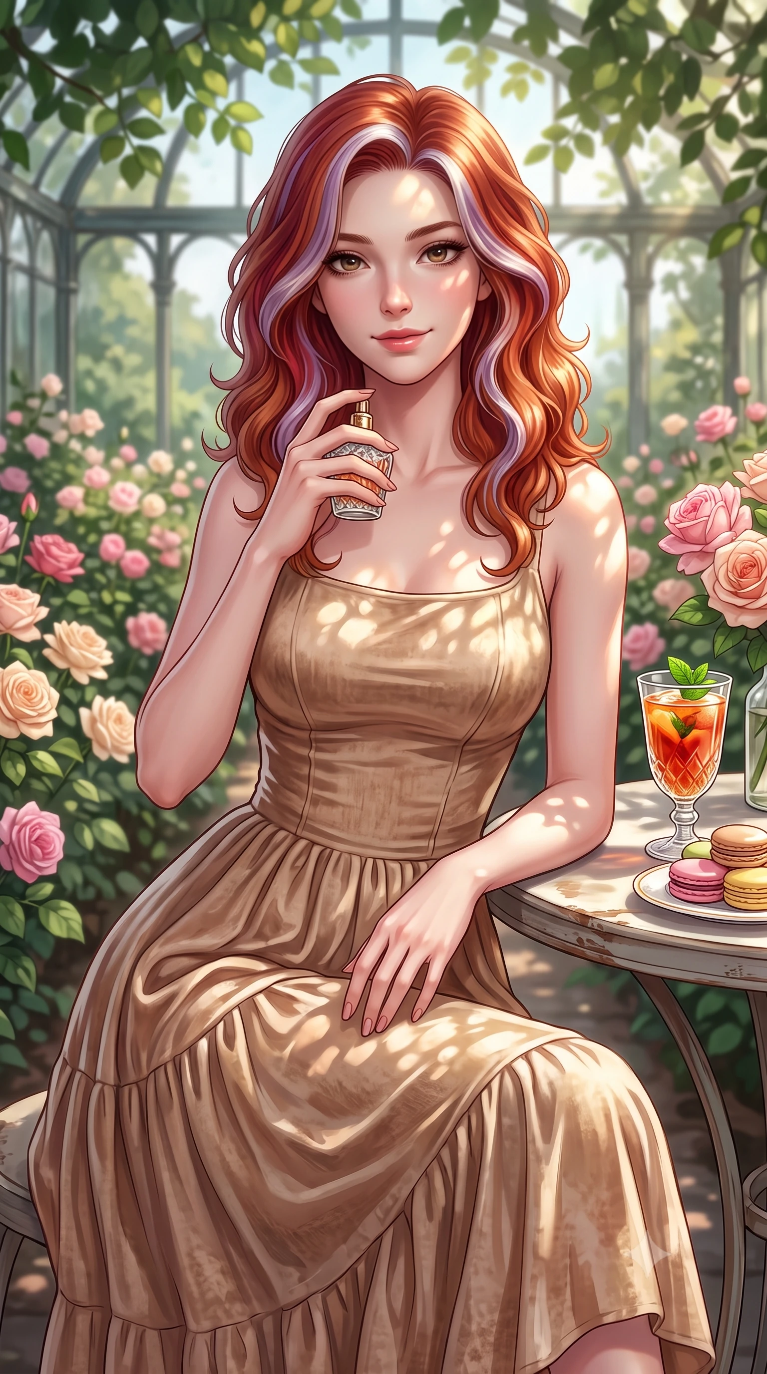 score_9, masterpiece, best quality, ultra-detailed, high-budget anime keyframe, editorial fashion photography, tasteful artistic composition, Caucasian woman. close-up cowboy shot from the waist and thighs up, the character dominates the composition, filling the frame with her large presence, background elements kept in soft focus. holding a vintage perfume bottle to her neck, smiling with quiet magnetic self-assurance set against a soft-focus background of inside an exclusive rose conservatory with a glass of iced fruit tea and delicate macaron pastries arranged on the table. She has an exceptionally elegant, slender, and willowy female figure with an ultra-slim waist, a gracefully sculpted slender torso, and a refined silhouette. sharp v-shaped jawline, high-bridge nose, intricate jewel-like eyes with depth, thick eyelashes, glossy lips with a natural sheen. wearing form-contouring warm beige crushed velvet flowy linen sundress with a comfortable tiered skirt silhouette featuring refined tailored seams. highlighted by dappled sunlight filtering through leafy branches, creating soft organic patterns. highly saturated vibrant anime colors, detailed shading with soft gradients, rich glossy textures, high-contrast stereoscopic depth, volumetric dynamic lighting, master piece, 9:16 ratio