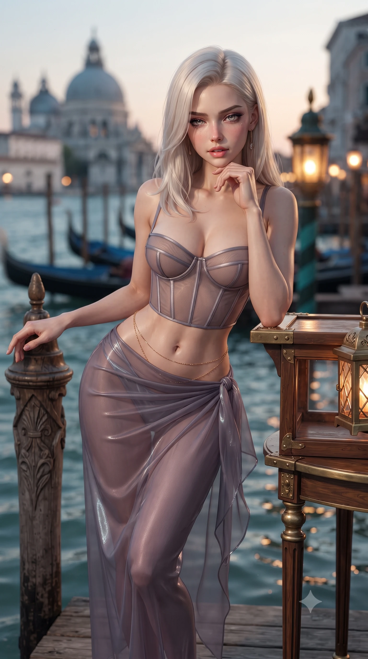 score_9, masterpiece, best quality, ultra-detailed, high-budget anime keyframe, editorial fashion photography, tasteful artistic composition, Caucasian woman. close-up cowboy shot from the waist and thighs up, the character dominates the composition, filling the frame with her large presence. resting one elbow on the table and supporting her chin, leaning close to the camera with heavy-lidded sparkling eyes and parted lips while standing poised on the wooden pontoon with one hand resting on the carved mooring post, her hips cocked back as water ripples beneath. The background shows a soft-focus silhouettes of gondolas bobbing gently on Grand Canal waves, Santa Maria della Salute dome across water, and canal lanterns blurred into amber, turquoise, and obsidian bokeh. She has an exceptionally elegant, slender, and willowy female figure with an ultra-slim waist, flat toned midriff, narrow ribcage, and sculpted feminine hips creating an alluring, slim hourglass silhouette without bulk. sharp v-shaped jawline, high-bridge nose, intricate jewel-like sparkling eyes with depth, thick eyelashes, glossy parted lips with a natural peach sheen, bright cheerful beaming smile with an enchanting and coquettish sensual glint, exuding both youthful cute charm and seductive allure, flawlessly proportioned anatomical accuracy, strict slender model proportions, natural body alignment, perfectly sculpted long slender limbs, ultra-slim waistline, clean dynamic posture without body distortion. wearing a provocative translucent mesh corset bodice with boned satin channels paired with a sheer chiffon wrap maxi skirt in dusky lavender noir and liquid silver chrome, crafted from translucent silk organza with an ethereal crystalline sheen, accented with a dainty gold belly chain resting across her flat midriff and curving hips, the glove-like clinging cut tightly following the natural contour of her hips and long slender legs with youthful 8.5-heads elegance. bathed in the warm dancing 2400K incandescent glow of brass gondola lanterns reflecting in rippling water. ultra-reflective glossy finish, specular highlights, rich textural contrasts, high-contrast stereoscopic depth, volumetric dynamic lighting, 2k, ultra detail, master piece, 9:16 ratio