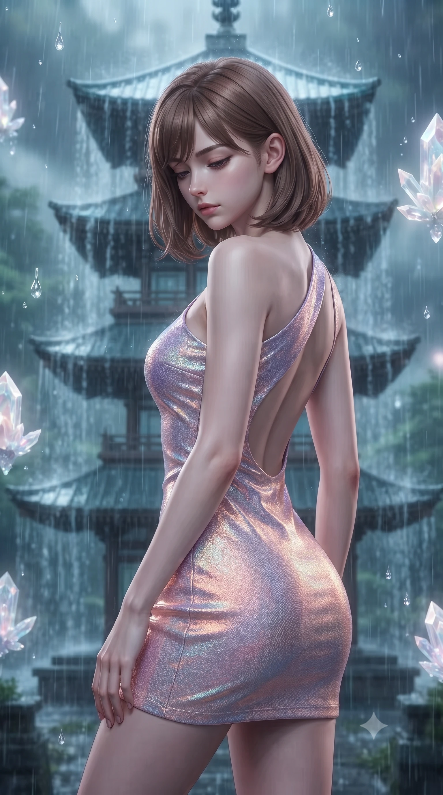score_9, masterpiece, best quality, ultra-detailed, high-budget anime keyframe, editorial fashion photography, tasteful artistic composition, Caucasian woman, strictly human ears. close-up cowboy shot from the waist and thighs up, the character dominates the composition, filling the frame with her large presence, background elements kept in soft focus. Looking down with lowered lashes and a composed powerful expression. set against a soft-focus background of a traditional five-tiered pagoda made entirely of glass during a tropical monsoon downpour with thousands of raindrops striking every surface creating a symphony of percussion and cascading water curtains on each tier. She has an exceptionally elegant and slender, willowy female figure with an ultra-slim waist, a gracefully sculpted slender torso, and a refined slim physique. sharp v-shaped jawline, high-bridge nose, intricate jewel-like eyes with depth, thick eyelashes, glossy lips with a natural sheen. wearing a one-shoulder mini dress in a holographic lavender-to-peach colorway, with a dramatically scooped open back. ethereal pearlescent light emanating from floating crystalline formations all around. 2k, ultra detail, master piece, 9:16 ratio