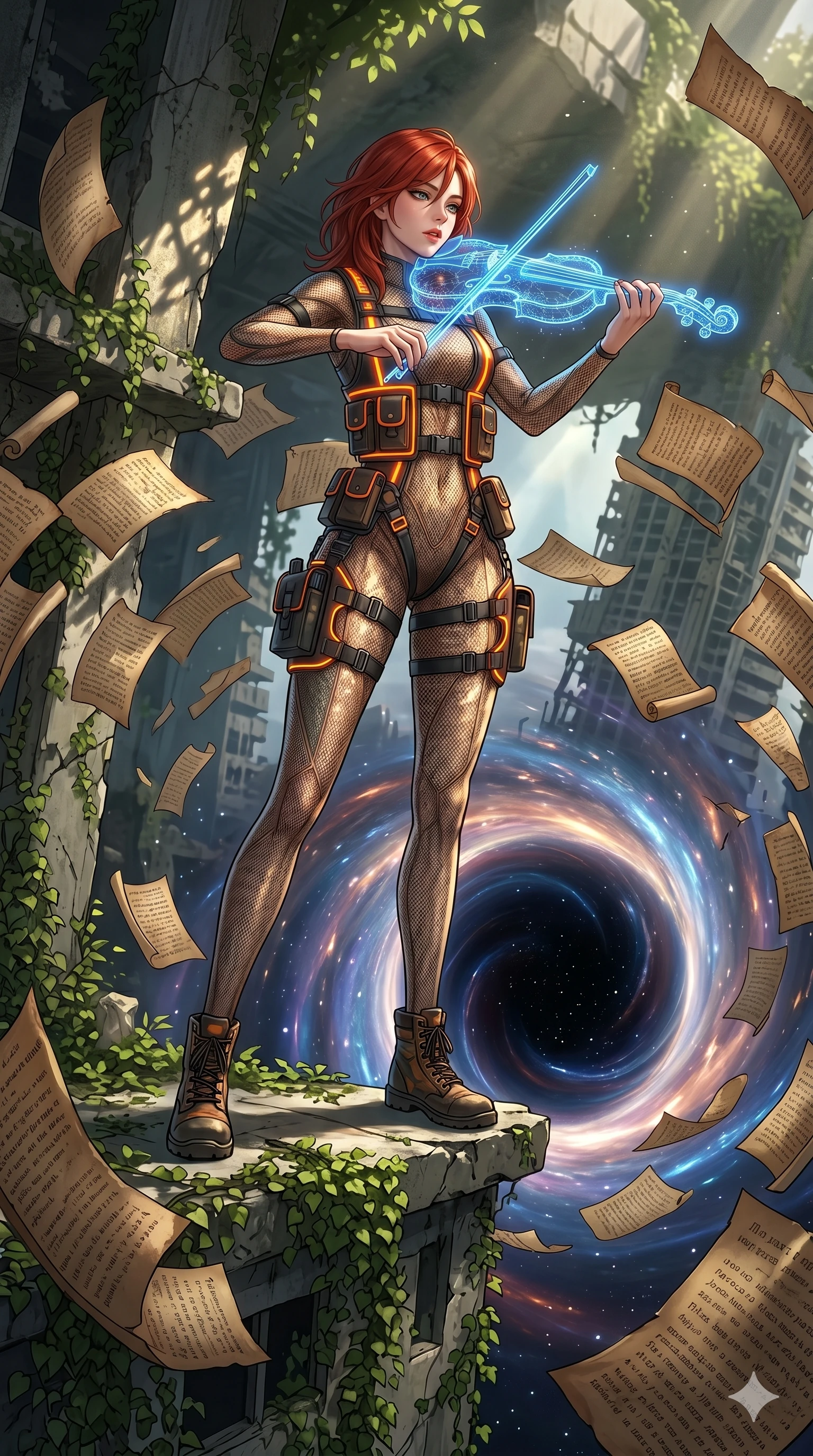 score_9, masterpiece, best quality, ultra-detailed, Set A: High-budget Anime Keyframe, Korean woman. Low angle cowboy shot filling the entire 9:16 frame with her statuesque presence. Theme: Urban Decay. playing a holographic violin in the edge of a black hole, surrounded by a whirlwind of 273 floating ancient scrolls. The atmosphere is filled with cinematic sunlight through leaves. She has an absolutely perfect 8-heads proportion, an exceptionally tall and slender female figure with impossibly long slender legs and an ultra-slim waist. Sharp v-shaped jawline, high-bridge nose, intricate jewel-like eyes with depth, glossy lips. Wearing Industrial worker-chic with a glowing orange harness over a mesh bodysuit. Cinematic lighting, vivid colors, dramatic shadows, 2k, ultra detail, master piece, 9:16 ratio