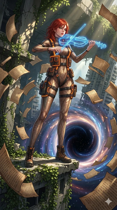 score_9, masterpiece, best quality, ultra-detailed, Set A: High-budget Anime Keyframe, Korean woman. Low angle cowboy shot filling the entire 9:16 frame with her statuesque presence. Theme: Urban Decay. playing a holographic violin in the edge of a b