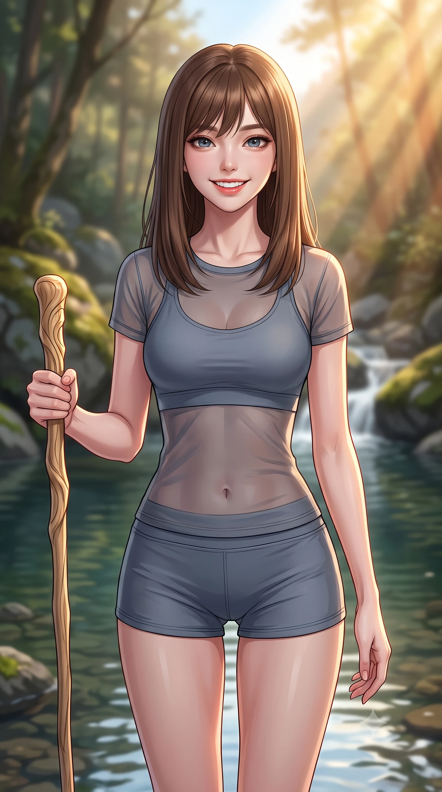 score_9, masterpiece, best quality, ultra-detailed, high-budget anime keyframe, editorial fashion photography, tasteful artistic composition, Korean woman. close-up cowboy shot from the waist and thighs up, the character dominates the composition, filling the frame with her large presence, background elements kept in soft focus. smiling with cute and bright self-assurance, looking directly at the viewer set against a soft-focus background of next to a quiet forest pond fed by a cold mountain stream holding a small wooden walking stick with a bright, active smile. She has an exceptionally elegant, slender, and willowy female figure with an ultra-slim waist, a gracefully sculpted slender torso, and a refined silhouette. sharp v-shaped jawline, high-bridge nose, intricate jewel-like eyes with depth, thick eyelashes, glossy lips with a natural sheen. wearing slim-fit sheer mesh athletic top in slate grey, worn over a slim-fit sports bralette and shorts. golden hour sunset light slicing through the valley gorge in warm rays. highly saturated vibrant anime colors, detailed shading with soft gradients, rich glossy textures, high-contrast stereoscopic depth, volumetric dynamic lighting, master piece, 9:16 ratio