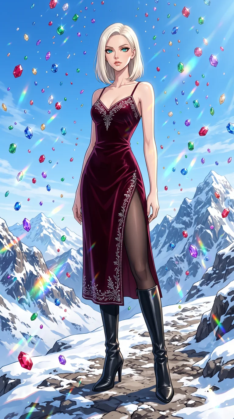 score_9, masterpiece, best quality, ultra-detailed, High-budget Anime Keyframe, beautiful Caucasian anime girl (strictly human ears). Low angle cowboy shot filling the entire 9:16 frame with her statuesque presence. Standing in a rain of colorful jewels on a mountain peak under a clear blue sky. She has an absolutely perfect 8-heads proportion, an exceptionally tall and slender female figure with impossibly long slender legs and an ultra-slim waist. Sharp v-shaped jawline, high-bridge nose, intricate jewel-like eyes with depth, thick eyelashes, glossy lips with a natural sheen. Wearing a High-Fashion Editorial outfit: velvet slip dress with a dangerously high side slit and silver accents. Background is a bright and colorful snowy mountain with thousands of falling gems and prismatic light. 2k, ultra detail, master piece, 9:16 ratio