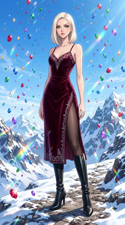 score_9, masterpiece, best quality, ultra-detailed, High-budget Anime Keyframe, beautiful Caucasian anime girl (strictly human ears). Low angle cowboy shot filling the entire 9:16 frame with her statuesque presence. Standing in a rain of colorful jew