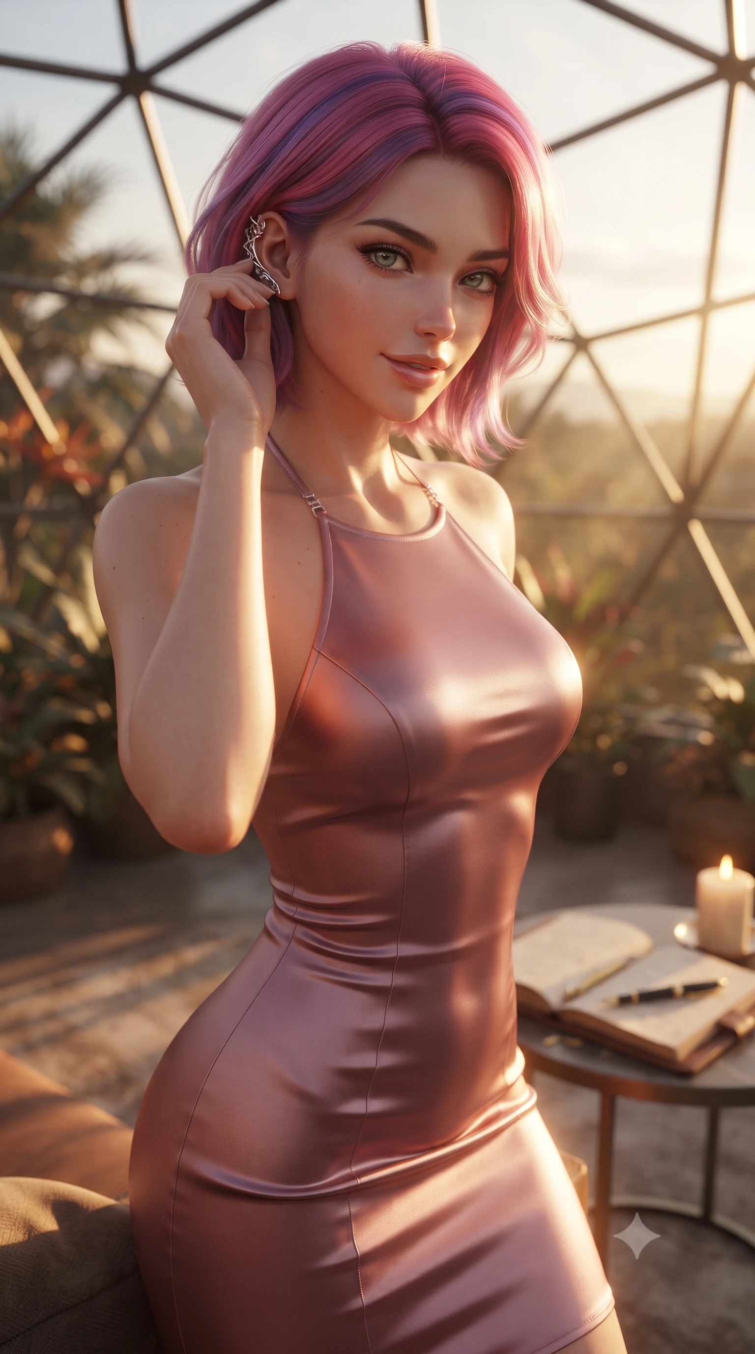 score_9, masterpiece, best quality, ultra-detailed, high-budget anime keyframe, editorial fashion photography, tasteful artistic composition, Caucasian woman. close-up cowboy shot from the waist and thighs up, the character dominates the composition, filling the frame with her large presence, background elements kept in soft focus. adjusting her delicate ear cuff with a captivating half-smile, her profile highlighted by a dramatic rim light set against a soft-focus background of inside an exclusive geodesic dome with an open leather journal and a gold fountain pen sitting next to a candle. She has an exceptionally elegant, slender, and willowy female figure with an ultra-slim waist, a gracefully sculpted slender torso, and a refined silhouette. sharp v-shaped jawline, high-bridge nose, intricate jewel-like eyes with depth, thick eyelashes, glossy lips with a natural sheen. wearing body-hugging dusty rose liquid satin form-contouring cashmere halter dress tracing her statuesque physique accented with delicate silver hardware. bathed in warm golden hour sunbeams that cast long, romantic shadows across the floor. ultra-reflective glossy finish, specular highlights, metallic sheen, high-contrast stereoscopic depth, volumetric dynamic lighting, 2k, ultra detail, master piece, 9:16 ratio