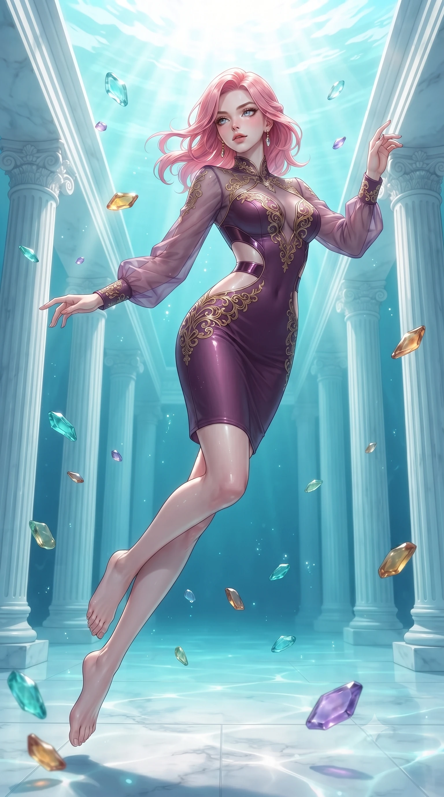 score_9, masterpiece, best quality, ultra-detailed, high-budget anime keyframe, editorial fashion photography, tasteful artistic composition, Japanese woman. low angle full-body shot from head to toe showing her feet, filling the entire 9:16 vertical frame with her statuesque presence, stretching her vertical silhouette. navigating the luminous space with effortless poise, displaying her perfect model proportions floating gracefully through a sunken white marble colonnade underwater, translucent sea glass fragments drifting gracefully around her. She has an absolutely perfect, statuesque 8.5-heads proportion, an exceptionally tall and slender model-like female figure with impossibly long slender legs and an ultra-slim waist. sharp v-shaped jawline, high-bridge nose, intricate jewel-like eyes with depth, thick eyelashes, glossy lips with a natural sheen. wearing a sleek bodycon knit dress with sheer organza sleeve panels in plum purple and gold filigree, tailored from high-gloss patent leather, featuring clean architectural cutouts along her slender torso, the elegant draped fit framing her graceful clavicle and slender torso. bathed in brilliant underwater sunbeams and soft turquoise caustic glow. ultra-reflective glossy finish, specular highlights, metallic sheen, high-contrast stereoscopic depth, volumetric dynamic lighting, 2k, ultra detail, master piece, 9:16 ratio