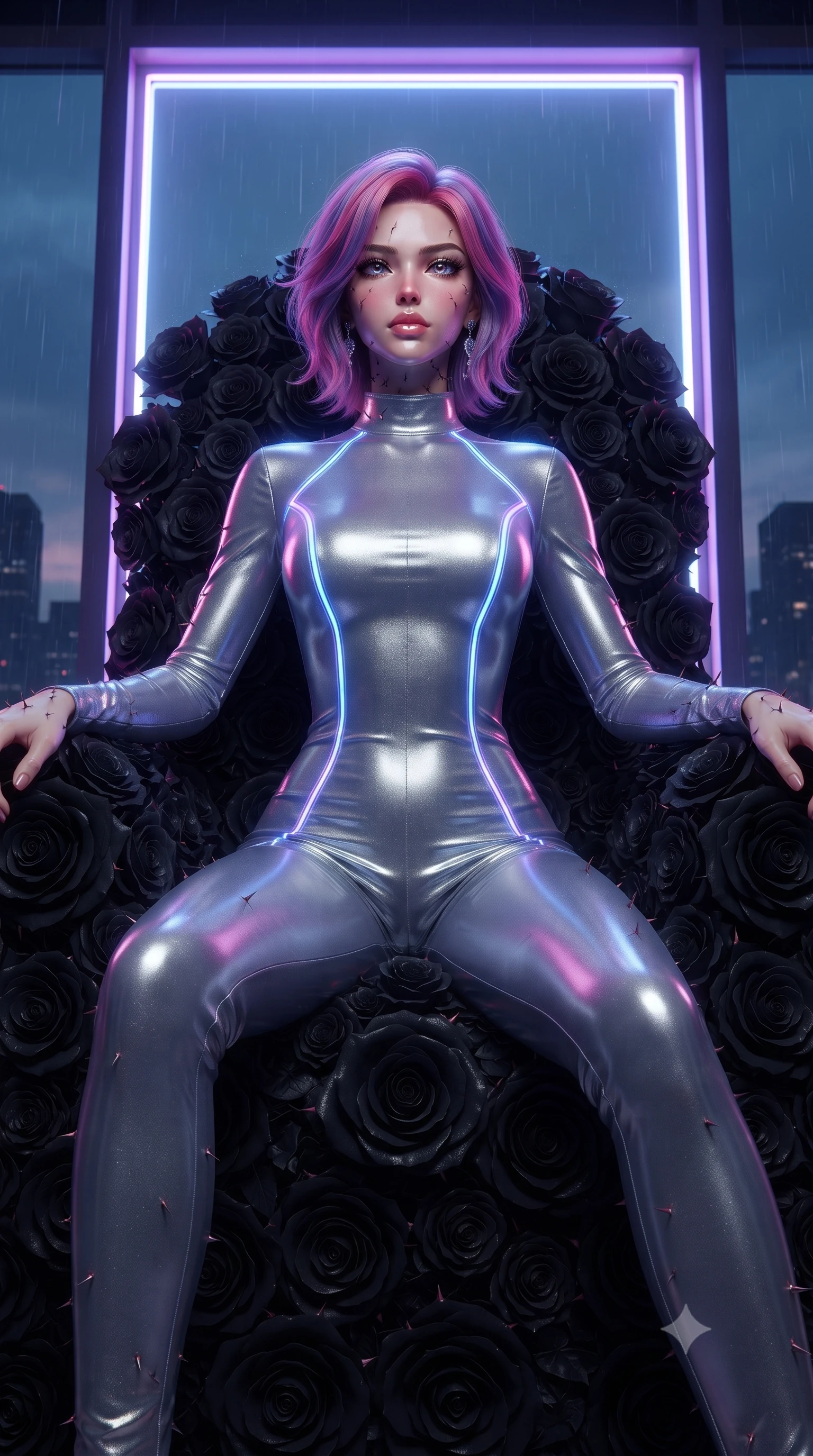 score_9, masterpiece, best quality, ultra-detailed, High-budget Anime Keyframe, editorial fashion photography, tasteful artistic composition, realistic cosplay photography, Caucasian woman, strictly human ears. Low angle cowboy shot filling the entire 9:16 frame with her statuesque presence. Scenario 477: resting on a throne of black roses, thorns grazing her skin, in a glowing neon window at twilight with soft rain falling. Her presence is magnetic and overpowering in this high-budget cinematic scene. Outfit 477: a tailored liquid silver shimmering chiffon jumpsuit featuring a refined mock-neck collar and glowing LED seams. The clothing is designed to emphasize her exceptionally tall and slender 8-heads proportion. 8-heads proportion, towering silhouette, ultra-slim waist. sharp v-shaped jawline, intricate jewel-like eyes with depth, thick eyelashes, glossy lips. ultra-reflective glossy finish, specular highlights, metallic sheen, high-contrast stereoscopic depth, volumetric dynamic lighting, 2k, ultra detail, master piece, 9:16 ratio