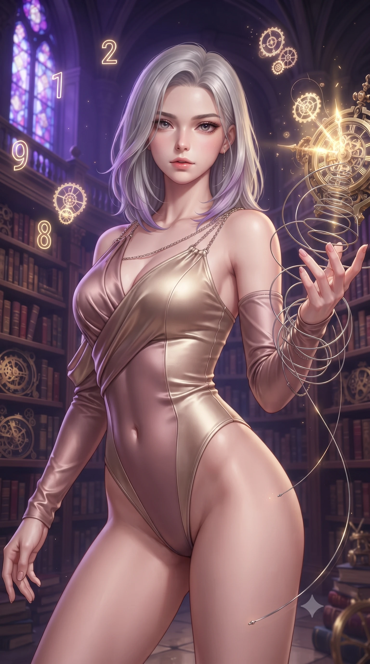 score_9, masterpiece, best quality, ultra-detailed, high-budget anime keyframe, editorial fashion photography, tasteful artistic composition, Caucasian woman. close-up cowboy shot from the waist and thighs up, the character dominates the composition, filling the frame with her large presence, background elements kept in soft focus. Reaching one hand gracefully toward the viewer with effortless superiority and allure threading glowing clockwork spring wires inside a majestic archives hall, glowing neon clock numbers floating in the air with vintage elegancy. She has an exceptionally elegant, slender, and willowy female figure with an ultra-slim waist, a gracefully sculpted slender torso, and a refined silhouette. sharp v-shaped jawline, high-bridge nose, intricate jewel-like eyes with depth, thick eyelashes, glossy lips with a natural sheen. wearing an asymmetrical high-cut tech-bodysuit with detached sleeves in dusty rose and champagne gold, crafted from lustrous satin jersey with fluid draping, adorned with delicate metallic chain straps along the neckline, the tailored fabric tightly following every curve of her athletic build. lit by a contrast of deep violet sky and radiant golden mechanical light. highly saturated vibrant anime colors, detailed shading with soft gradients, rich glossy textures, high-contrast stereoscopic depth, volumetric dynamic lighting, master piece, 9:16 ratio