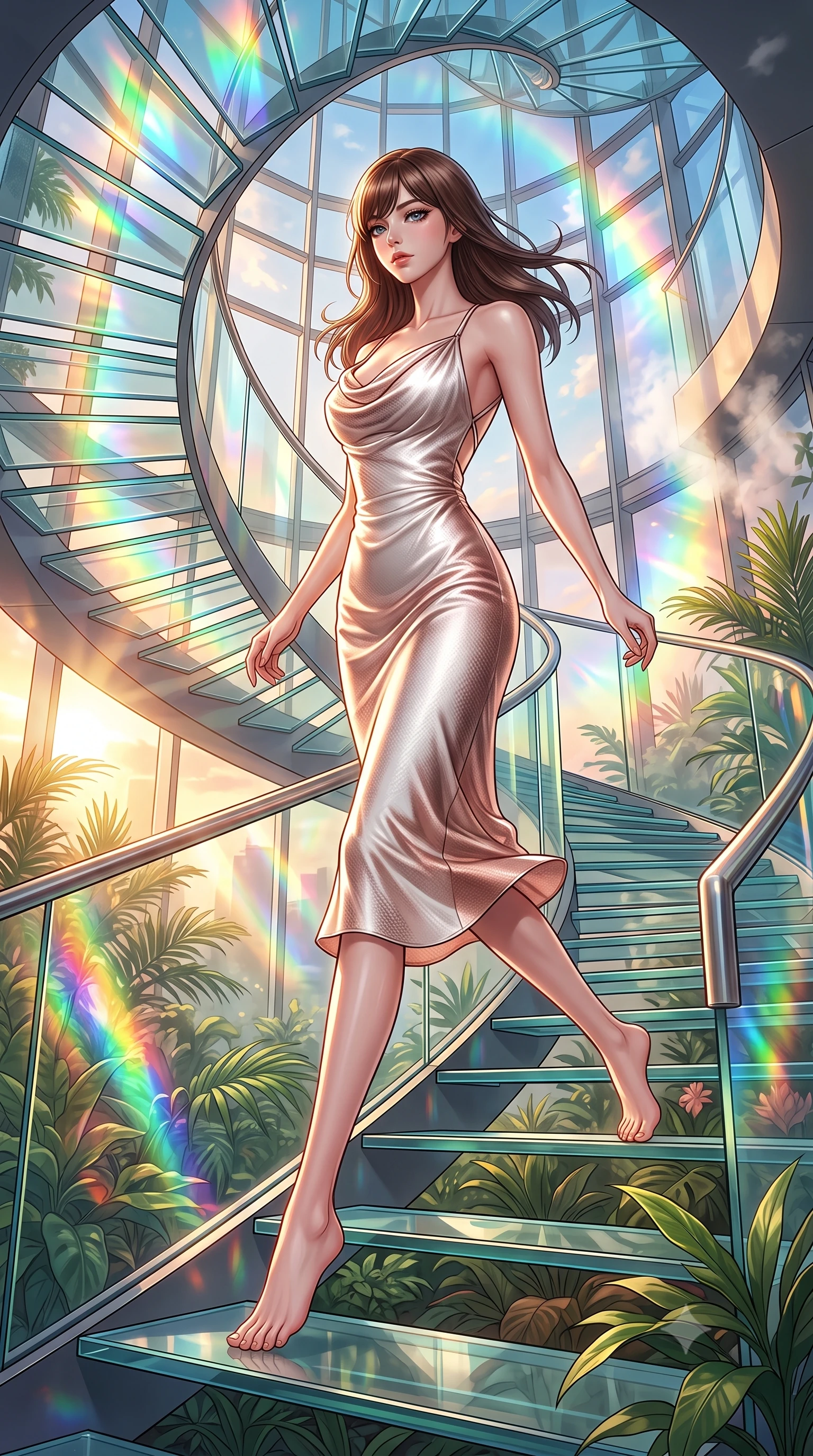 score_9, masterpiece, best quality, ultra-detailed, high-budget anime keyframe, editorial fashion photography, tasteful artistic composition, Korean woman. low angle full-body shot from head to toe showing her feet, filling the entire 9:16 vertical frame with her statuesque presence, stretching her vertical silhouette. leaping gracefully through the environment with statuesque elegance and long slender legs ascending a vertical spiral glass staircase enveloped by tropical sunbeams, steam clouds refracting sunlight into brilliant rainbow prisms. She has an absolutely perfect, statuesque 8.5-heads proportion, an exceptionally tall and slender model-like female figure with impossibly long slender legs and an ultra-slim waist. sharp v-shaped jawline, high-bridge nose, intricate jewel-like eyes with depth, thick eyelashes, glossy lips with a natural sheen. wearing an elegant cowl-neck satin midi dress with a draped neckline in pearl white and rose gold, made of fine carbon-fiber weave and soft matte leather, complemented by criss-cross back straps highlighting her bare shoulders, the elegant draped fit framing her graceful clavicle and slender torso. lit by warm golden-hour rays cascading through crystalline glass panes. highly saturated vibrant anime colors, detailed shading with soft gradients, rich glossy textures, high-contrast stereoscopic depth, volumetric dynamic lighting, master piece, 9:16 ratio