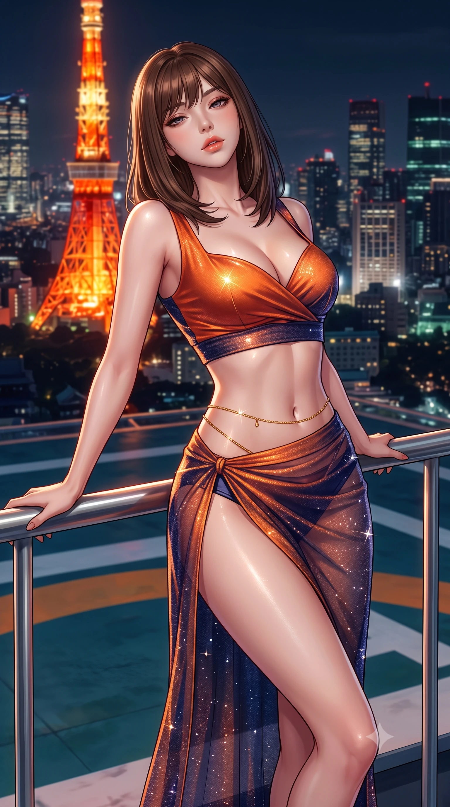 score_9, masterpiece, best quality, ultra-detailed, high-budget anime keyframe, semi-realistic 3D game render, editorial fashion photography, tasteful artistic composition, Korean woman. close-up cowboy shot from the waist and thighs up, the character dominates the composition, filling the frame with her large presence. leaning back against the balustrade with relaxed seductive grace, head tilted back slightly while casting a hypnotic, heavy-lidded gaze while standing tall on the giant painted rooftop helipad with hips cocked back, arching her spine with effortless supermodel poise against the red tower. The surrounding environment is rendered in vivid detail and crisp panoramic clarity: detailed second-skin jumpsuit cling, glossy lip sheen, and retro high-rise architectural lines in high resolution. She has an exceptionally elegant, slender, and willowy female figure with an ultra-slim waist, flat toned midriff, narrow ribcage, and sculpted feminine hips creating an alluring, slim hourglass silhouette without bulk. sharp v-shaped jawline, high-bridge nose, sparkling eyes with hypnotic seductive depth, thick curled eyelashes, glossy parted lips with a natural dewy peach sheen, alluring bedroom-eyes with an enchanting coquettish smile, exuding magnetic siren charisma and sophisticated glamour, flawlessly proportioned anatomical accuracy, strict slender model proportions, natural body alignment, perfectly sculpted long slender limbs, ultra-slim waistline, clean dynamic posture without body distortion. wearing a plunging sweetheart-neckline silk jeogori crop top paired with an ultra-high-slit translucent chima wrap skirt and satin briefs in sunset tangerine orange and deep navy indigo, woven from stretch metallic lurex jersey casting radiant starlight glints across her silhouette, finished with a dainty gold belly chain resting across her flat midriff and curving hips, the second-skin tailored fabric adhering flawlessly to her sculpted flat midriff and slender torso, emphasizing her long leg lines and perfectly proportioned willowy build. bathed in the warm orange radiance of Tokyo Tower mixed with cool metropolitan night ambient fill. highly saturated vibrant anime colors, detailed shading with soft gradients, rich glossy textures, high-contrast stereoscopic depth, volumetric dynamic lighting, master piece, 9:16 ratio