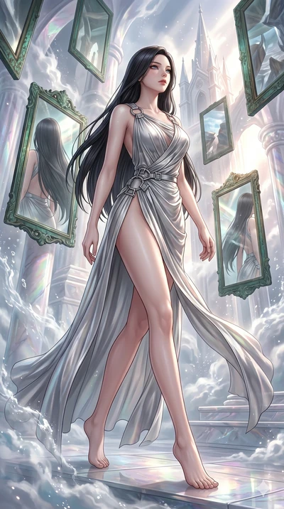 score_9, masterpiece, best quality, ultra-detailed, high-budget anime keyframe, Korean woman. low angle full-body shot filling the entire 9:16 frame with her statuesque presence, stretching the vertical silhouette. wandering through a mirage cloud ca