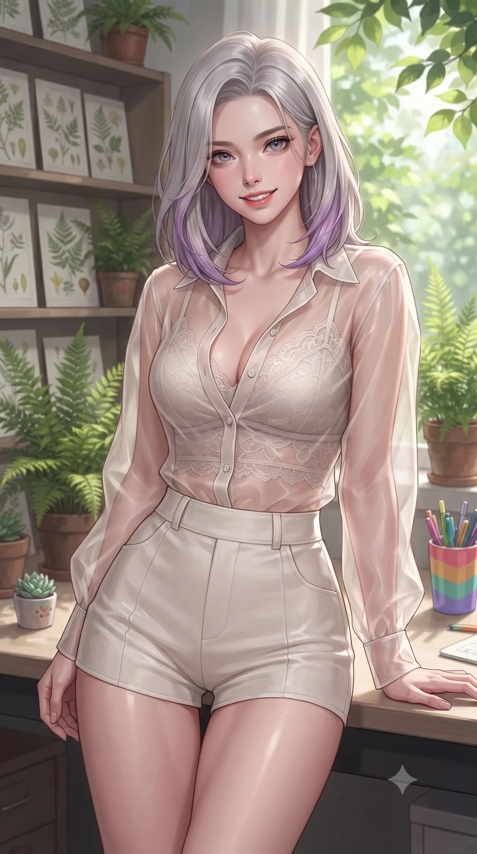 score_9, masterpiece, best quality, ultra-detailed, high-budget anime keyframe, editorial fashion photography, tasteful artistic composition, Caucasian woman. close-up cowboy shot from the waist and thighs up, the character dominates the composition, filling the frame with her large presence, background elements kept in soft focus. smiling with cute and bright self-assurance, looking directly at the viewer set against a soft-focus background of at a study desk in a botanical library filled with botanical drawings and potted ferns with a tiny succulent pot and a colorful cup of pens on the desk. She has an exceptionally elegant, slender, and willowy female figure with an ultra-slim waist, a gracefully sculpted slender torso, and a refined silhouette. sharp v-shaped jawline, high-bridge nose, intricate jewel-like eyes with depth, thick eyelashes, glossy lips with a natural sheen. wearing body-hugging sheer organza button-up shirt worn over a lace-accented crop top and high-waist mini shorts. soft afternoon daylight filtered through green leaves outside the window. ultra-reflective glossy finish, specular highlights, metallic sheen, high-contrast stereoscopic depth, volumetric dynamic lighting, 2k, ultra detail, master piece, 9:16 ratio