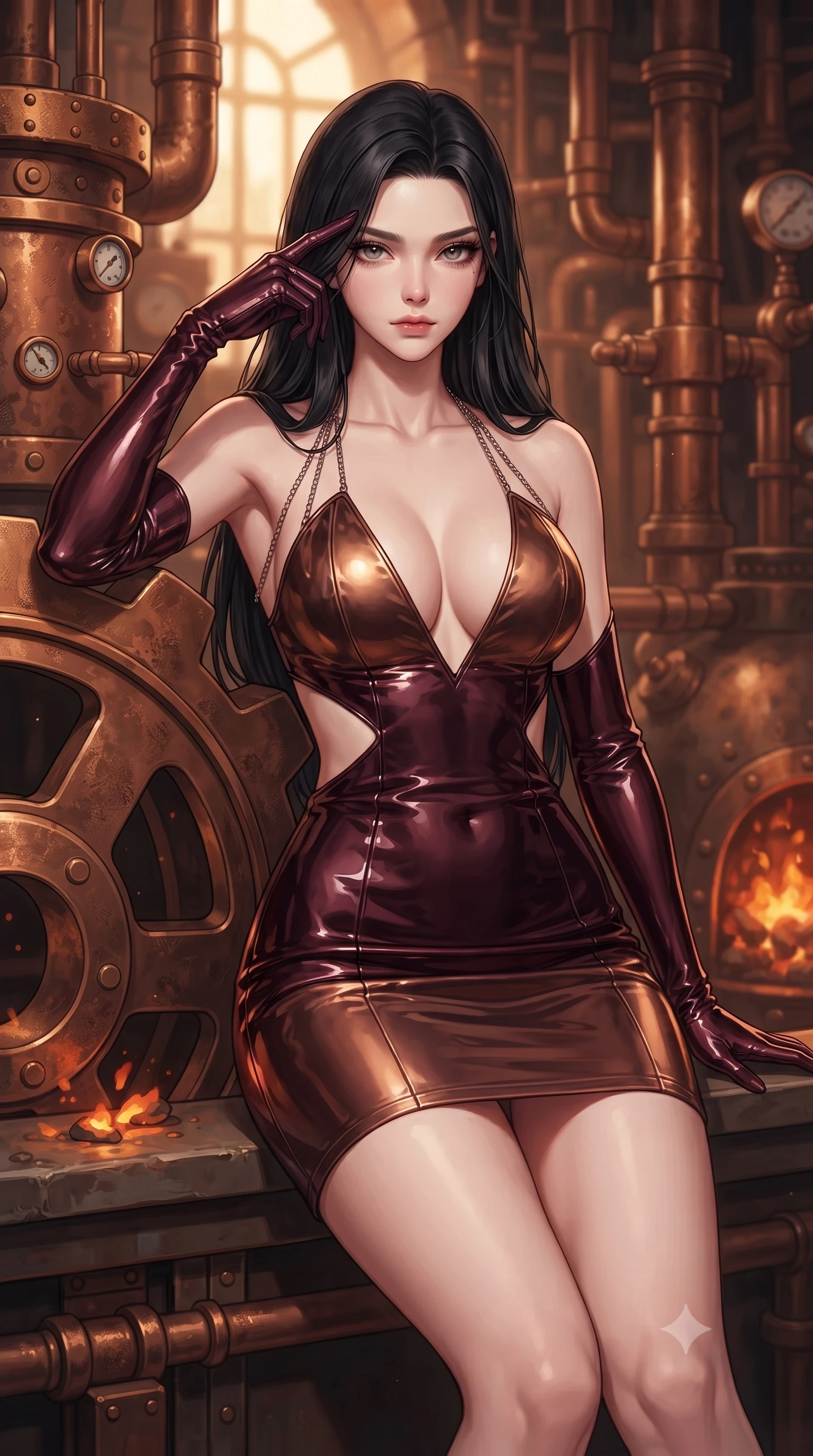 score_9, masterpiece, best quality, ultra-detailed, high-budget anime keyframe, editorial fashion photography, tasteful artistic composition, Korean woman. close-up cowboy shot from the waist and thighs up, the character dominates the composition, filling the frame with her large presence, background elements kept in soft focus. Pressing two fingers to her temple in a composed thoughtful gesture with an air of magnetic charisma resting against a giant bronze gear as warm furnace embers glow nearby, intricate copper pipes, rivets, and pressure gauges gleaming in furnace heat. She has an exceptionally elegant, slender, and willowy female figure with an ultra-slim waist, a gracefully sculpted slender torso, and a refined silhouette. sharp v-shaped jawline, high-bridge nose, intricate jewel-like eyes with depth, thick eyelashes, glossy lips with a natural sheen. wearing a liquid mercury gloss mini dress with ultra-deep V-neck and waist cutouts in deep burgundy and bronze, tailored from high-gloss patent leather, adorned with delicate metallic chain straps along the neckline, the glove-like fit emphasizing her statuesque silhouette. surrounded by a warm, powerful industrial fantasy atmosphere. highly saturated vibrant anime colors, detailed shading with soft gradients, rich glossy textures, high-contrast stereoscopic depth, volumetric dynamic lighting, master piece, 9:16 ratio