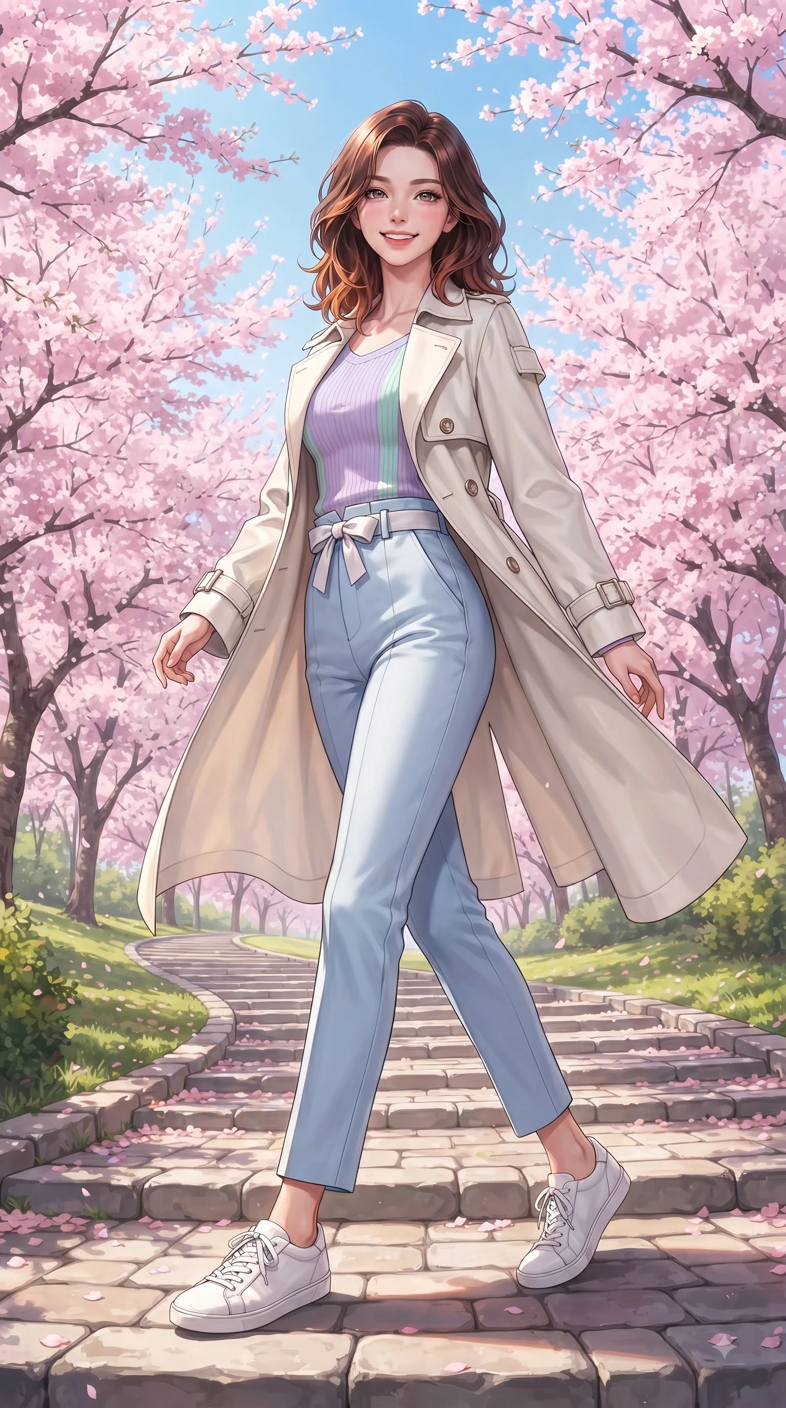 score_9, masterpiece, best quality, ultra-detailed, high-budget anime keyframe, editorial fashion photography, tasteful artistic composition, Korean woman. low angle full-body shot from head to toe showing her feet, filling the entire 9:16 vertical frame with her statuesque presence, stretching her vertical silhouette. pivoting dynamically with a fresh infectious smile, her ultra-slim waist creating a sweeping fluid curve while walking up a gentle hill path lined with blooming sakura cherry trees in full spring bloom. The surrounding environment is rendered in vivid detail and crisp panoramic clarity. endless pink sakura tree arcades, sunlit stone pathways, and clear spring blue sky in deep focus. She has an absolutely perfect, statuesque 8.5-heads proportion, an exceptionally tall and slender model-like female figure with impossibly long slender legs and an ultra-slim waist. sharp v-shaped jawline, high-bridge nose, intricate jewel-like eyes with depth, thick eyelashes, glossy lips with a natural sheen, flawlessly proportioned anatomical accuracy, natural body alignment, perfectly sculpted elegant limbs, clean dynamic posture without body distortion. wearing a stylish pale ivory trench coat over a pastel knit top and high-waist tailored slacks in baby blue and cloud white, made of comfortable premium stretch denim and soft jersey, accented with a dainty waist ribbon bow, the relaxed yet flattering fit accentuating her naturally graceful and slender figure. surrounded by a fresh, sweet, and nostalgic spring park atmosphere. ultra-reflective glossy finish, specular highlights, metallic sheen, high-contrast stereoscopic depth, volumetric dynamic lighting, 2k, ultra detail, master piece, 9:16 ratio