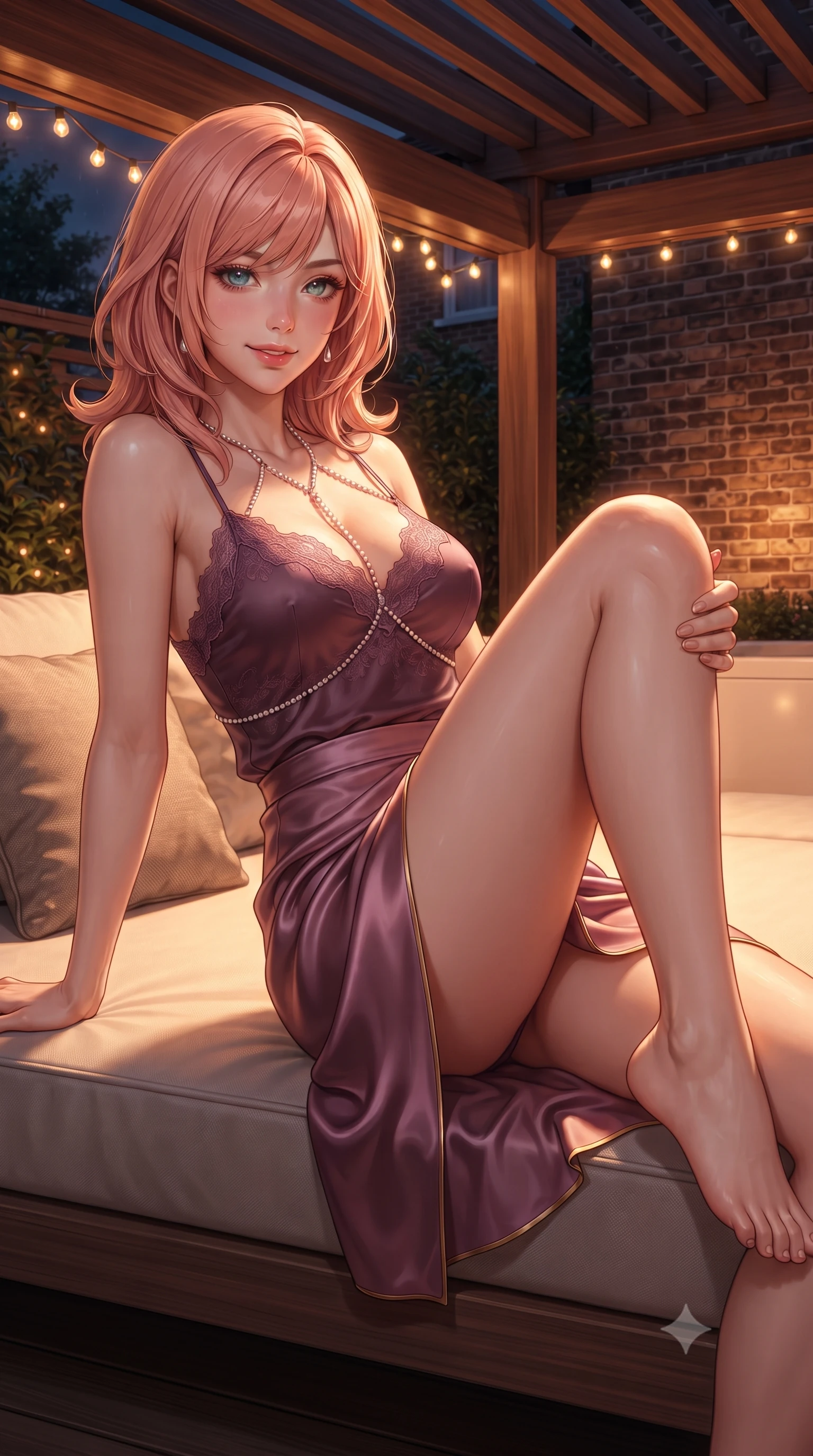 score_9, masterpiece, best quality, ultra-detailed, high-budget anime keyframe, editorial fashion photography, tasteful artistic composition, Japanese woman. close-up cowboy shot from the waist and thighs up, the character dominates the composition, filling the frame with her large presence. perched sideways on the lounge seat, one knee drawn up to showcase her slender leg line while her arched back accentuates her feminine hip curve while lounging in the outdoor cashmere daybed under the heated pergola propped on one elbow, holding a cocktail with effortless cool. The surrounding environment is rendered in vivid detail and crisp panoramic clarity: sharp wet cedar wood grain, historic London stock brick texture, and fairy light filament clarity in deep focus. She has an exceptionally elegant, slender, and willowy female figure with an ultra-slim waist, flat toned midriff, narrow ribcage, and sculpted feminine hips creating an alluring, slim hourglass silhouette without bulk. sharp v-shaped jawline, high-bridge nose, sparkling eyes with hypnotic seductive depth, thick curled eyelashes, glossy parted lips with a natural dewy peach sheen, alluring bedroom-eyes with an enchanting coquettish smile, exuding magnetic siren charisma and sophisticated glamour, flawlessly proportioned anatomical accuracy, strict slender model proportions, natural body alignment, perfectly sculpted long slender limbs, ultra-slim waistline, clean dynamic posture without body distortion. wearing a delicate lace-trimmed silk camisole paired with a draped satin wrap sarong mini skirt with high side slit in rich dark plum violet and gilded bronze, crafted from fluid liquid silk satin that clings smoothly to every curve with a dewy sheen, accented with a pearl-drop body harness subtly framing her dewy collarbones and spine, the second-skin tailored fabric adhering flawlessly to her sculpted flat midriff and slender torso, emphasizing her long leg lines and perfectly proportioned willowy build. bathed in warm underwater tub LED glow mixed with warm pergola infrared heat lamp radiance. ultra-reflective glossy finish, specular highlights, rich textural contrasts, high-contrast stereoscopic depth, volumetric dynamic lighting, 2k, ultra detail, master piece, 9:16 ratio