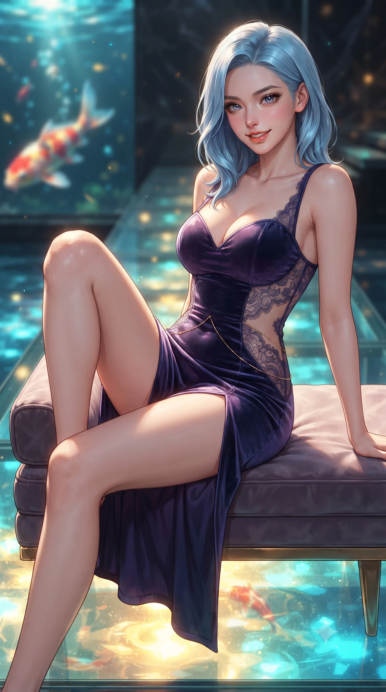 score_9, masterpiece, best quality, ultra-detailed, high-budget anime keyframe, editorial fashion photography, tasteful artistic composition, Korean woman. close-up cowboy shot from the waist and thighs up, the character dominates the composition, filling the frame with her large presence. perched sideways on the lounge seat, one knee drawn up to showcase her slender leg line while her arched back accentuates her feminine hip curve while standing poised on the narrow transparent glass catwalk hovering over the illuminated pool, arching her spine with breathtaking daring. The background shows a soft-focus swimming golden and crimson holographic koi fish in clear water, black titanium pool walls, and suspended catwalks blurred into gold, cyan, and charcoal bokeh. She has an exceptionally elegant, slender, and willowy female figure with an ultra-slim waist, flat toned midriff, narrow ribcage, and sculpted feminine hips creating an alluring, slim hourglass silhouette without bulk. sharp v-shaped jawline, high-bridge nose, sparkling eyes with hypnotic seductive depth, thick curled eyelashes, glossy parted lips with a natural dewy peach sheen, alluring bedroom-eyes with an enchanting coquettish smile, exuding magnetic siren charisma and sophisticated glamour, flawlessly proportioned anatomical accuracy, strict slender model proportions, natural body alignment, perfectly sculpted long slender limbs, ultra-slim waistline, clean dynamic posture without body distortion. wearing a deep sweetheart-neckline velvet bodycon dress with sheer side-torso cutouts accentuating her hourglass curves in twilight lavender and midnight indigo, made of delicate semi-sheer French Chantilly lace with intricate eyelash edges, accented with a dainty gold belly chain resting across her flat midriff and curving hips, the high-slit wrap tailoring accentuating her ultra-slim waistline and the enchanting curve of her feminine hips with alluring seductive charm. bathed in brilliant golden and cyan light radiating upward from the submerged high-resolution digital pool floor. ultra-reflective glossy finish, specular highlights, rich textural contrasts, high-contrast stereoscopic depth, volumetric dynamic lighting, 2k, ultra detail, master piece, 9:16 ratio
