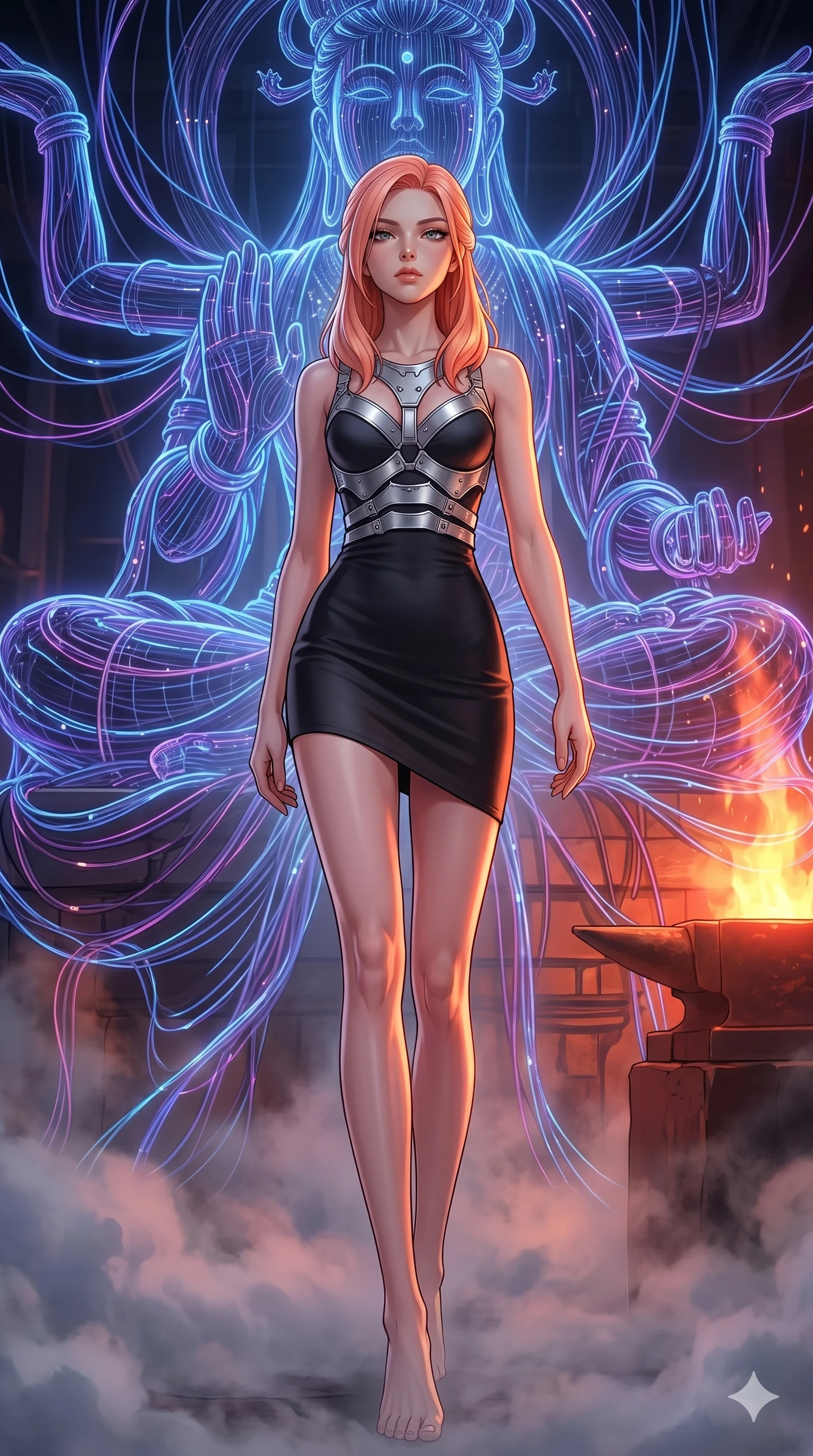 score_9, masterpiece, best quality, ultra-detailed, high-budget anime keyframe, editorial fashion photography, tasteful artistic composition, Japanese woman. low angle full-body shot from head to toe showing her feet, filling the entire 9:16 vertical frame with her statuesque presence, stretching her vertical silhouette. Striding forward through a cloud of mist, her silhouette emerging with dramatic presence within a techno-shrine featuring a massive statue made of glowing fiber-optic wires. She has an absolutely perfect 8-heads proportion, an exceptionally tall and slender female figure with impossibly long slender legs and an ultra-slim waist. V-shaped jawline, high-bridge nose, intricate jewel-like eyes with depth, thick eyelashes, glossy lips with a natural sheen. wearing a sculpted silver plate harness worn over a matte black form-contouring mini slip dress. bathed in the warm, flickering orange light of an alchemical forge, casting long moving shadows. 2k, ultra detail, master piece, 9:16 ratio