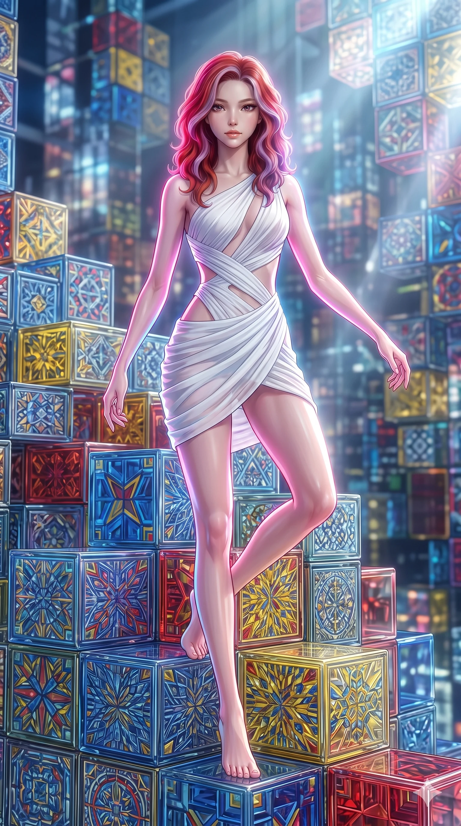 score_9, masterpiece, best quality, ultra-detailed, high-budget anime keyframe, Japanese woman. upper body close-up from the thighs up, character filling the screen for maximum presence. balancing on cubist glass blocks that cascade like a waterfall, reflecting complex mosaic patterns and primary colors. She has an absolutely perfect 8-heads proportion, an exceptionally tall and slender female figure with impossibly long slender legs and an ultra-slim waist. V-shaped jawline, high-bridge nose, intricate jewel-like eyes with depth, thick eyelashes, glossy lips with a natural sheen.. wearing an asymmetric chiffon draped couture mini dress, featuring draped white chiffon fabric twisting around her body with elegant diamond cutouts on the waist. bathed in brilliant cinematic volumetric lighting and intense neon rim light highlighting her slender form. 2k, ultra detail, master piece, 9:16 ratio