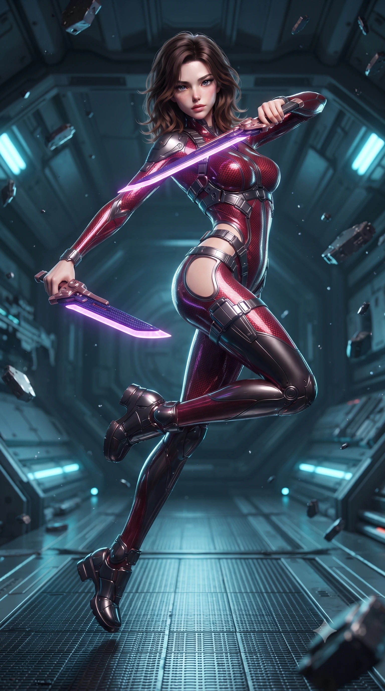 score_9, masterpiece, best quality, ultra-detailed, high-budget anime keyframe, editorial fashion photography, tasteful artistic composition, Korean woman. low angle full-body shot from head to toe showing her feet, filling the entire 9:16 vertical frame with her statuesque presence, stretching her vertical silhouette. arching her spine in a fluid zero-gravity combat turn with sovereign grace, her long slender legs and sculpted torso creating a sweeping line of power while pivoting dynamically on a magnetic catwalk as floating zero-gravity metal debris and starlight frame her statuesque silhouette. The surrounding environment is rendered in vivid detail and crisp panoramic clarity. sharp carbon-fiber rifle barrel weave, glowing blue railgun accelerator coils, and space station rivets in deep focus. She has an absolutely perfect, statuesque 8.5-heads proportion, an exceptionally tall and slender model-like female figure with impossibly long slender legs, a toned flat midriff, and an ultra-slim waist. sharp v-shaped jawline, high-bridge nose, intricate jewel-like eyes with depth, thick eyelashes, glossy lips with a natural sheen, flawlessly proportioned anatomical accuracy, strict slender model proportions, natural body alignment, perfectly sculpted long slender limbs, ultra-slim waistline, clean dynamic posture without body distortion. wearing a skin-tight crimson carbon-weave combat leotard with metallic dark chrome plating and hip-accentuating cutouts, holding twin glowing high-frequency vibro-blades with effortless supermodel poise in royal purple carbon fiber with rose-gold hardware and clasps, crafted from semi-translucent cybernetic carbon-vinyl interwoven with glowing micro-filaments, reinforced by a sleek titanium tactical harness and glowing micro-energy straps, the form-contouring material adhering flawlessly to her sculpted flat midriff and slender torso, emphasizing her long leg lines and perfectly proportioned willowy build. illuminated by glowing cyan rifle charging lights and sharp specular highlights tracing her slender curves. ultra-reflective glossy finish, specular highlights, dark metallic sheen, high-contrast stereoscopic depth, volumetric dynamic lighting, 2k, ultra detail, master piece, 9:16 ratio