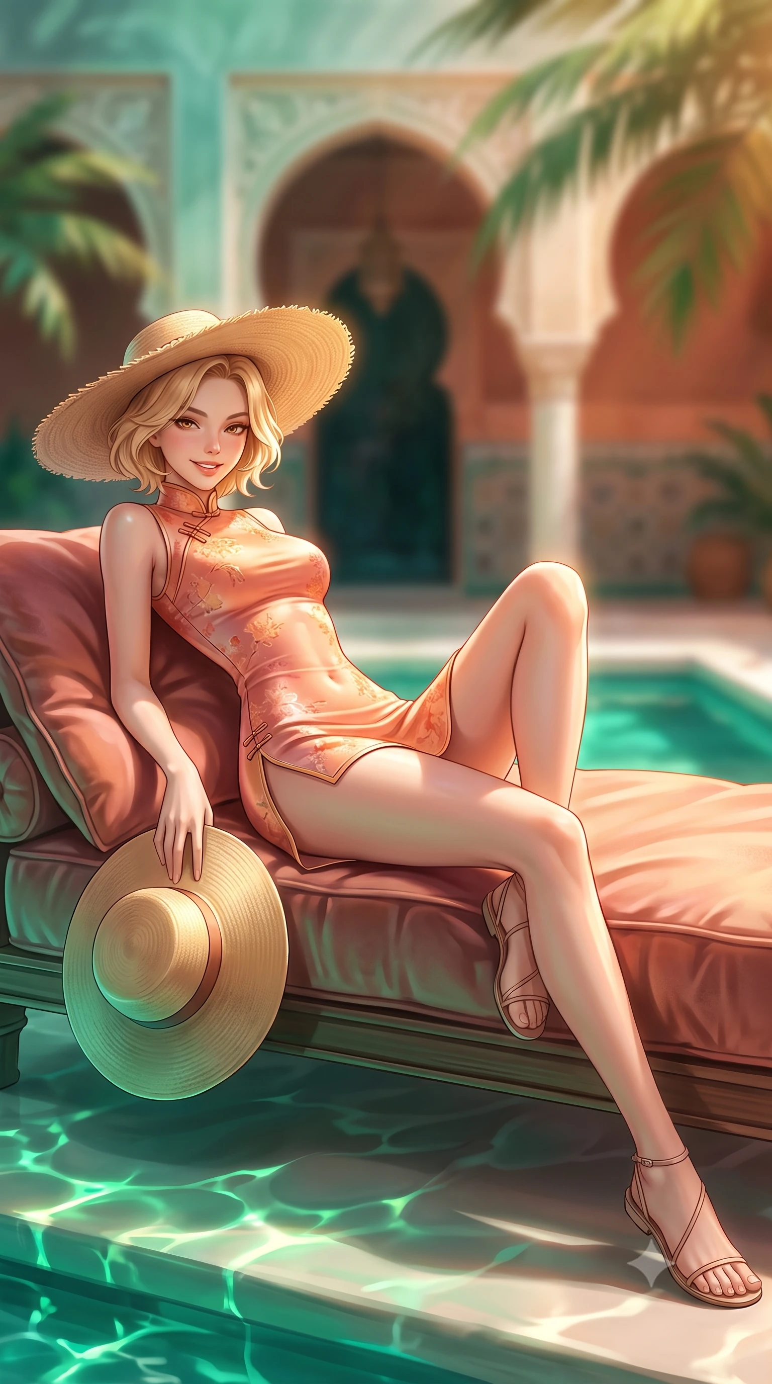 score_9, masterpiece, best quality, ultra-detailed, high-budget anime keyframe, semi-realistic 3D game render, editorial fashion photography, tasteful artistic composition, Caucasian woman. low angle full-body shot from head to toe showing her feet, filling the entire 9:16 vertical frame with her statuesque presence, stretching her vertical silhouette. reclining languidly on her side across the outdoor daybed with one knee drawn up, her radiant smile and arched hip curve commanding the 9:16 vertical frame with youthful sensual charisma while lounging across an oversized velvet-cushioned daybed, one knee drawn up, displaying her long slender limbs and toned flat midriff with regal charm. The composition keeps background elements in soft focus with dreamy creamy bokeh. ornate Moorish keyhole arches and soaring inner courtyard palm fronds blurred into jade, terracotta, and warm ochre bokeh. She has an exceptionally tall and slender model-like 8.5-heads proportion, an ultra-slim waist, a flat toned midriff, narrow delicate ribcage, and beautifully sculpted feminine hips creating a graceful, slim hourglass silhouette without any bulky heaviness, with impossibly long slender legs. sharp v-shaped jawline, high-bridge nose, sparkling amber-hazel eyes with depth, long lush eyelashes, glossy sun-kissed lips with a warm coral glaze, radiant teasing smile with sensual sunlit bedroom-eyes, exuding effortless old-money elegance and intoxicating sun-drenched allure, flawlessly proportioned anatomical accuracy, strict slender model proportions, natural body alignment, perfectly sculpted long slender limbs, ultra-slim waistline, clean dynamic posture without body distortion. wearing a modern cute floral silk qipao mini dress with double side slits ascending to the hip in sunset peach tones in soft peach blossom pink and warm apricot gold, made of liquid-tight stretch jersey emphasizing every curve of her body, complemented by a wide-brim straw sunhat held casually behind her back, the glove-like silhouette tightly following the natural contour of her hips and long slender legs with youthful 8.5-heads elegance. illuminated by emerald pool water caustic reflections and golden sunset rim light carving her razor-sharp jawline, narrow waist, and curvy hips. highly saturated vibrant anime colors, detailed shading with soft gradients, rich glossy textures, high-contrast stereoscopic depth, volumetric dynamic lighting, master piece, 9:16 ratio